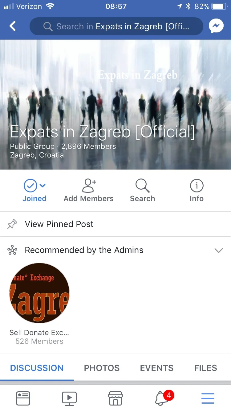 The homepage of the Expats in Zagreb Facebook group