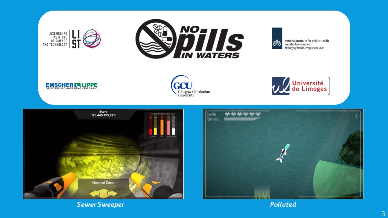 As I mentioned, my work is based on noPILLS , a pan-European research project that highlighted the challenges and severity of micropollution. The games on the screen are two examples made from the noPILLS Jam which Glasgow Caledonian University hosted in 2014: Sewer Sweeper is a rail shooter that has players shooting pollutants within water pipes; and Polluted is the adventure of a fish that must hide from its aggressive peers in order to escape the polluted waters. These games have been really useful to show off to the public and gauge what it is they like about each game, but it hasn’t really helped me in understanding the holistic process design and development of serious games for public intervention. This has prompted me to develop my own game, drawing upon these examples for inspiration.