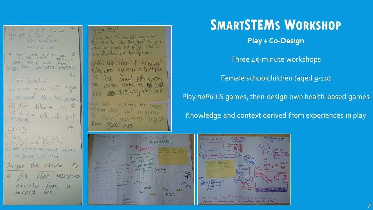 The first pre-study was a design workshop as part of our SmartSTEMs Day at Glasgow Caledonian University, where female schoolchildren were invited to participate in STEM-related subjects. There were three short workshops throughout the day: the schoolchildren played each of the three games, then were put into small groups and challenged with designing a water health game. The games that were designed were expected to show knowledge taken from the games, as well as the ability to take this knowledge and apply it to a specific context, in this case game design. My rationale from this is that game development engaged the schoolchildren in understanding the complexities of a fairly-challenging topic, and we can see as a result the variety of their designs. Most commonly, games went along the lines of very popular games among the groups, such as Subway Surfers , with the context of water pollution embedded within the design, which was a successful outcome in my opinion.