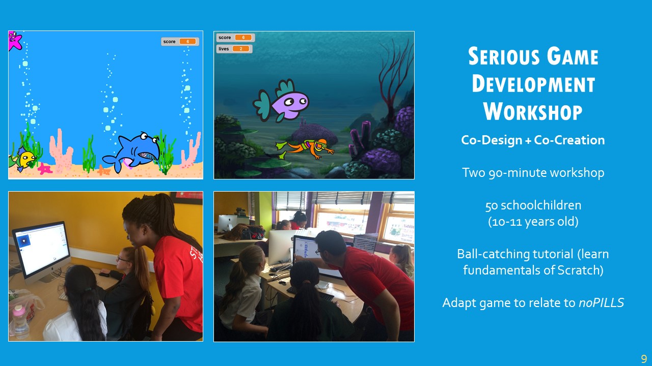 The third and final pre-study involved Scratch development. Two workshops were run with 50 schoolchildren aged 10-11 learning how to make games. Pupils were put into pairs and had assistance from various student helpers. The workshop was set up to follow the ball-catching tutorial as part of the resources with Scratch. Afterwards, they were challenged to change the look of the game and add new features to relate the game to water health. It was relatively successful, but not too many games were made with water health in mind, these being two of very few. As this was the first time these pupils had used Scratch before, they were more eager to learn how to do different things with the block-code, rather than think about the “serious” aspect of making a serious game. I think the workshop would be better-supported when it’s run with other aspects of the experiment, which is the next stage of my research – to bring each of the workshops together into a full-day experiment.