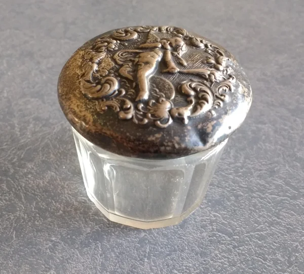 sterling silver dresser set powder jar lid with cupid tarnished and dented before repair
