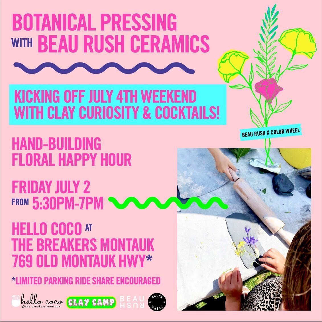 Flowers, Clay &amp; Cocktails to kick off the holiday weekend?! Join us Friday @breakersmtk⁠⁠ 🎆
⁠⁠
Hand-building vases &amp; botanical pressing with @beaurush + cocktails flowing by @hellococomtk⁠⁠
⁠⁠
See you there clay curious people!⁠ 💥
(Even in 