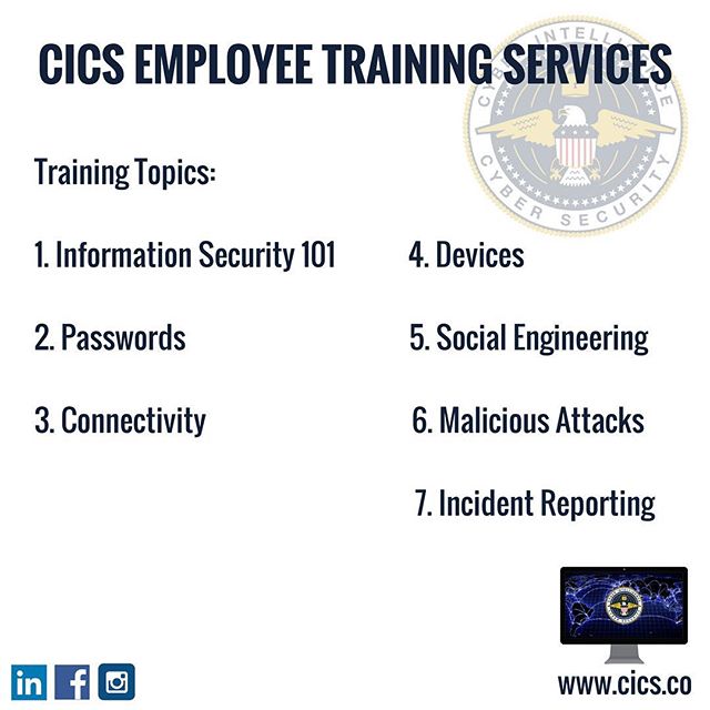 Humans are known to be the 70% of the cybersecurity risks and statistics show that employee training significantly reduced the number of cyber incidents. Visit us on www.cics.co to learn about our employee training services! #cybersecurity #infosec #