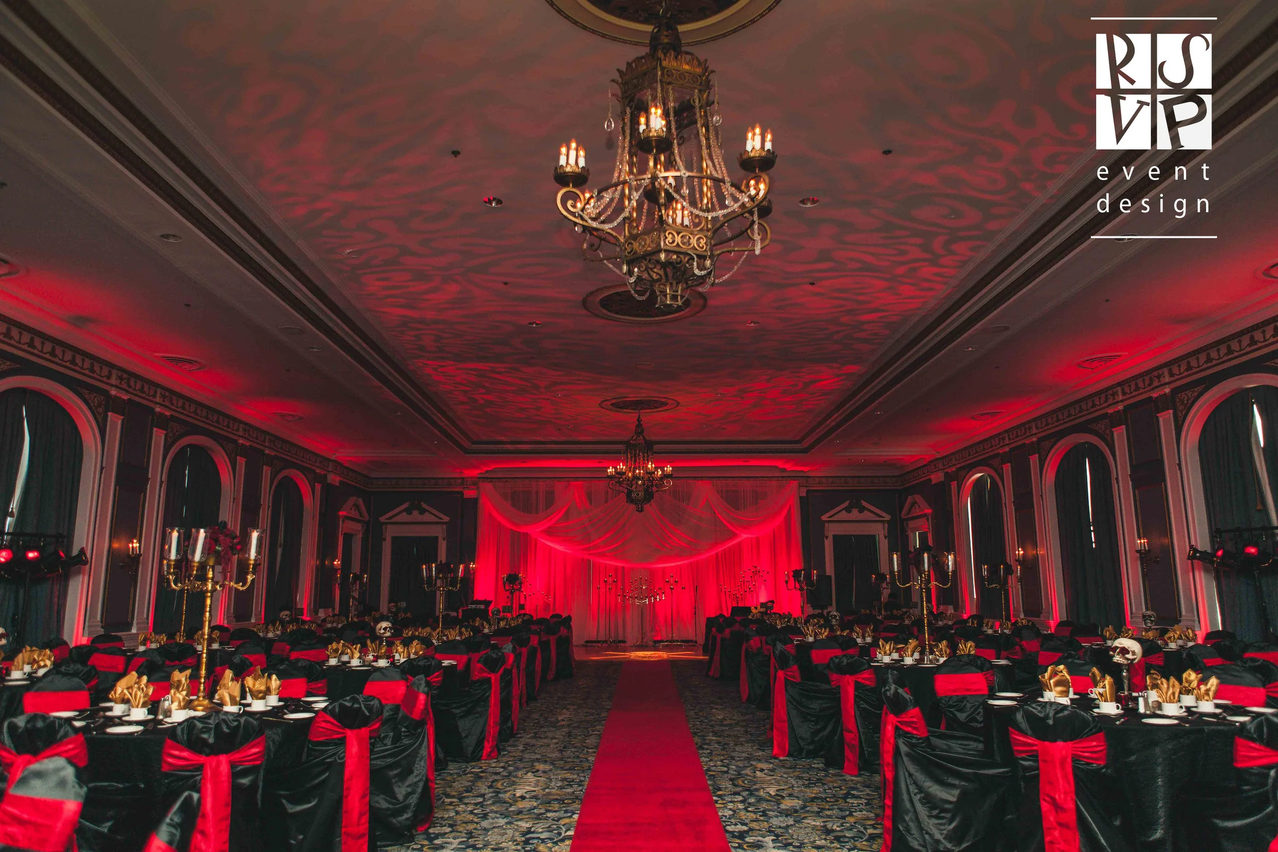 Awarded Best Wedding Creative in Canada at the Canadian Event Industry Awards in Toronto, this Gothic wedding in the Adam Ballroom had a Dracula's Lair theme complete with flower arrangements from Blossoms Living. Moody lighting, golden candelabras and eerie skulls made for a chilling event. Photo: Chelse Klette Photography