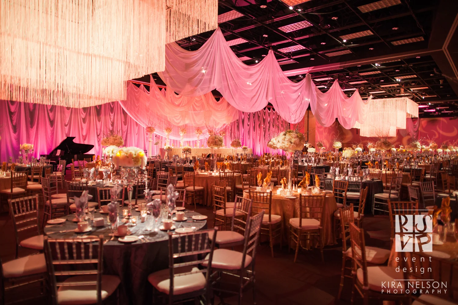 Nominated for Best Wedding Over 75K in Canada at the Canadian Event Industry Awards in Toronto, this "Bling" inspired reception was an elegant affair of pinks and golds with sweeping florals from Blossoms Living. Photo: Kira Nelson