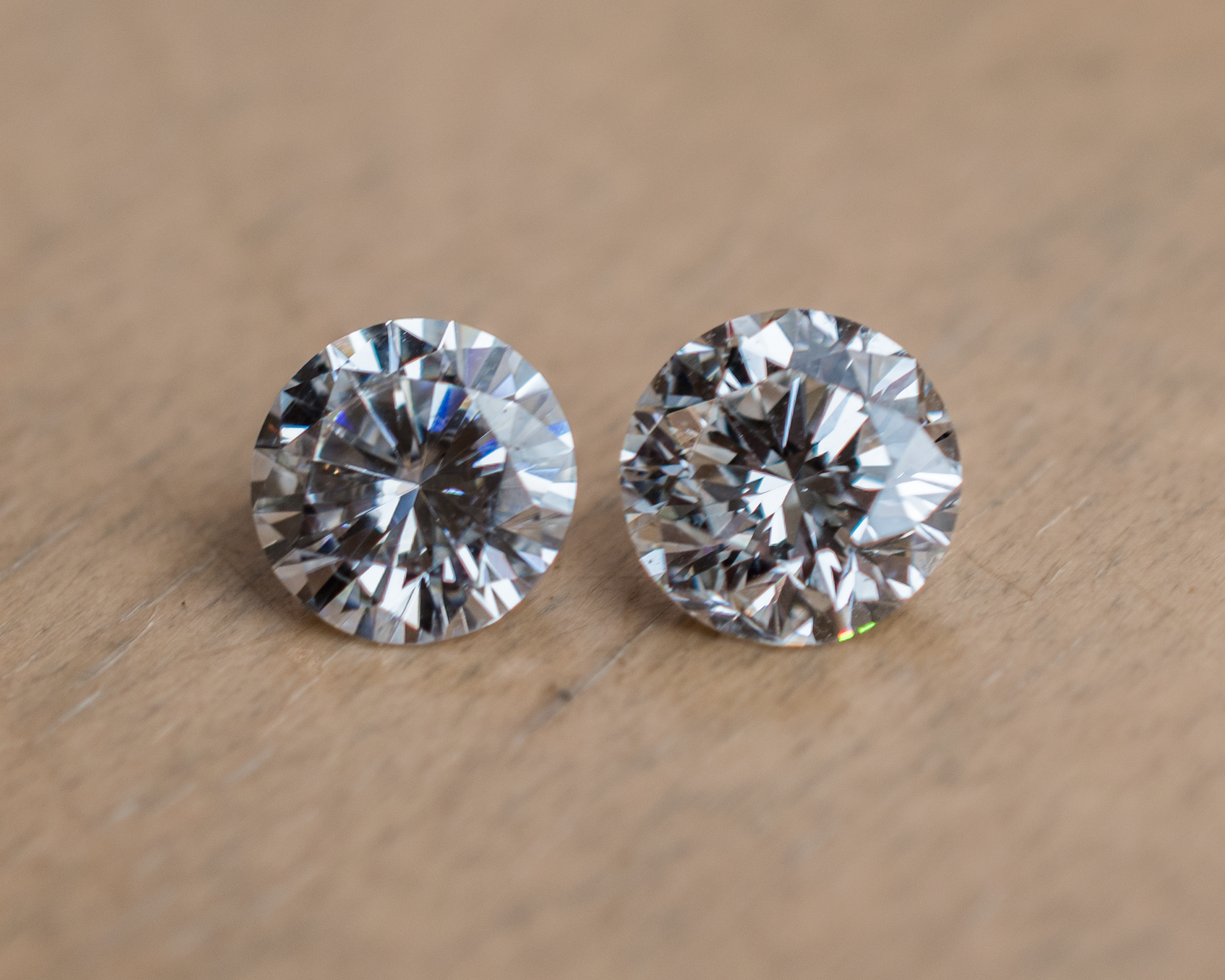 Moissanite on the left, diamond on the right