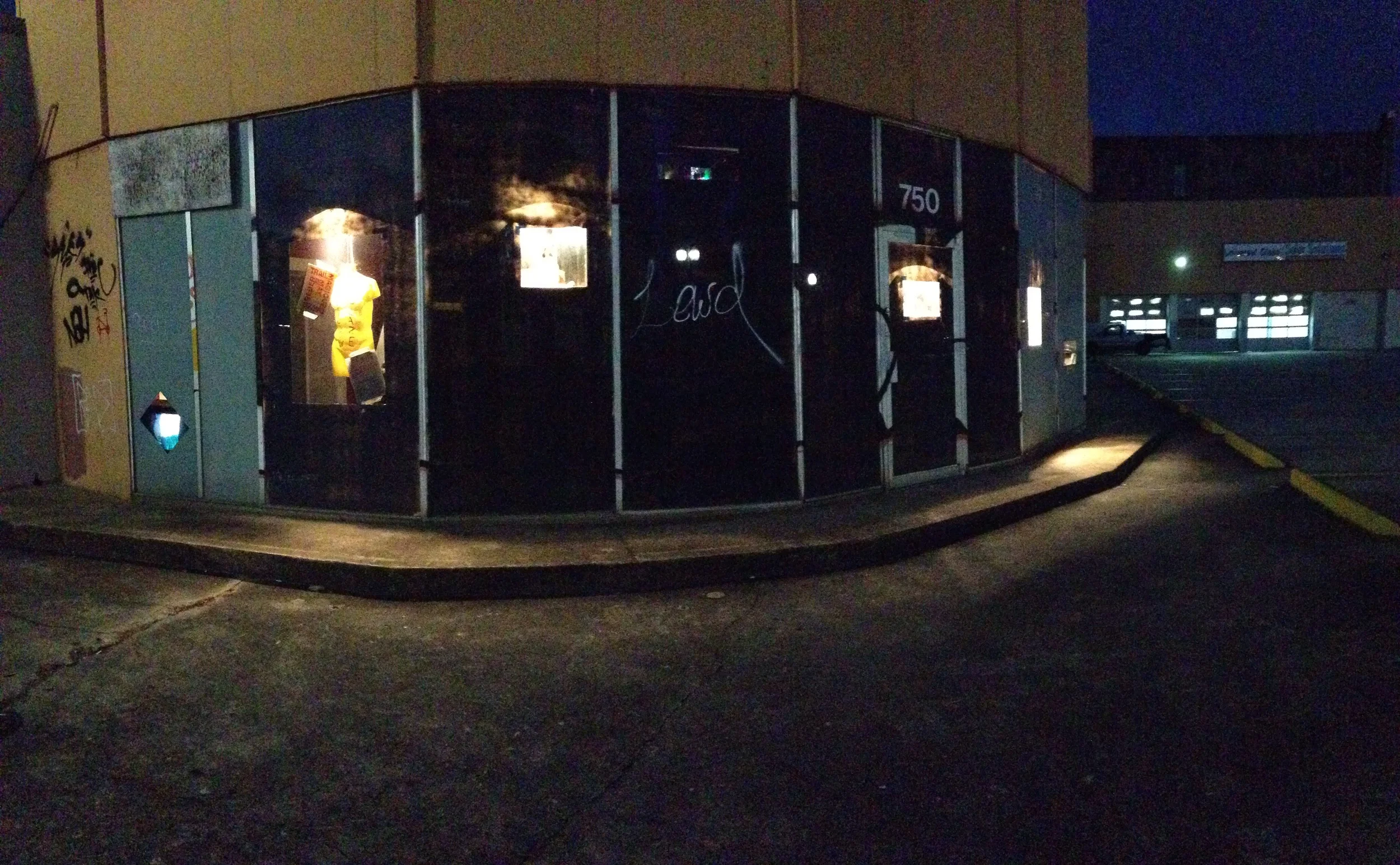 Crusty Terour window display, at night