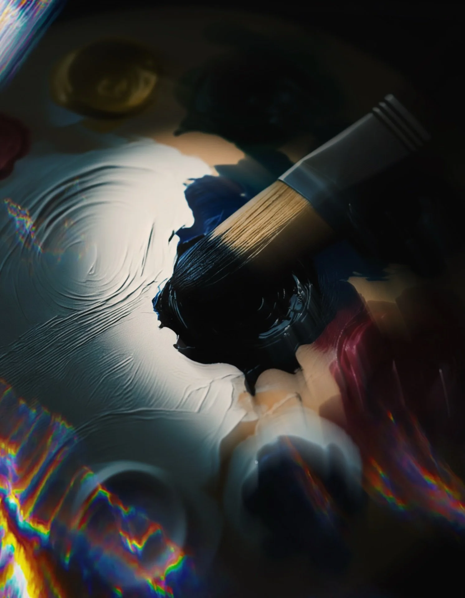 Close-up of a painter's palette with black, white, blue, red, and yellow paint and a paintbrush resting on it.