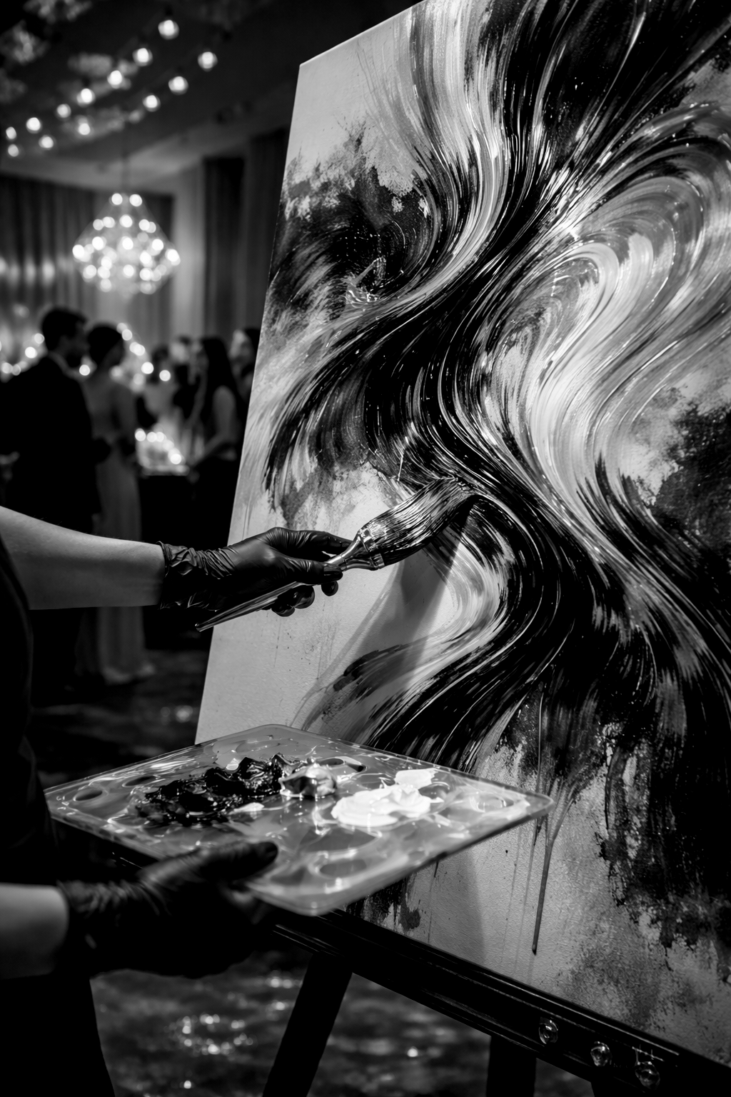 An artist wearing black gloves is using a palette knife to paint an abstract black and white swirling pattern on a canvas at an art event or exhibition, with a blurred background of people and chandeliers.