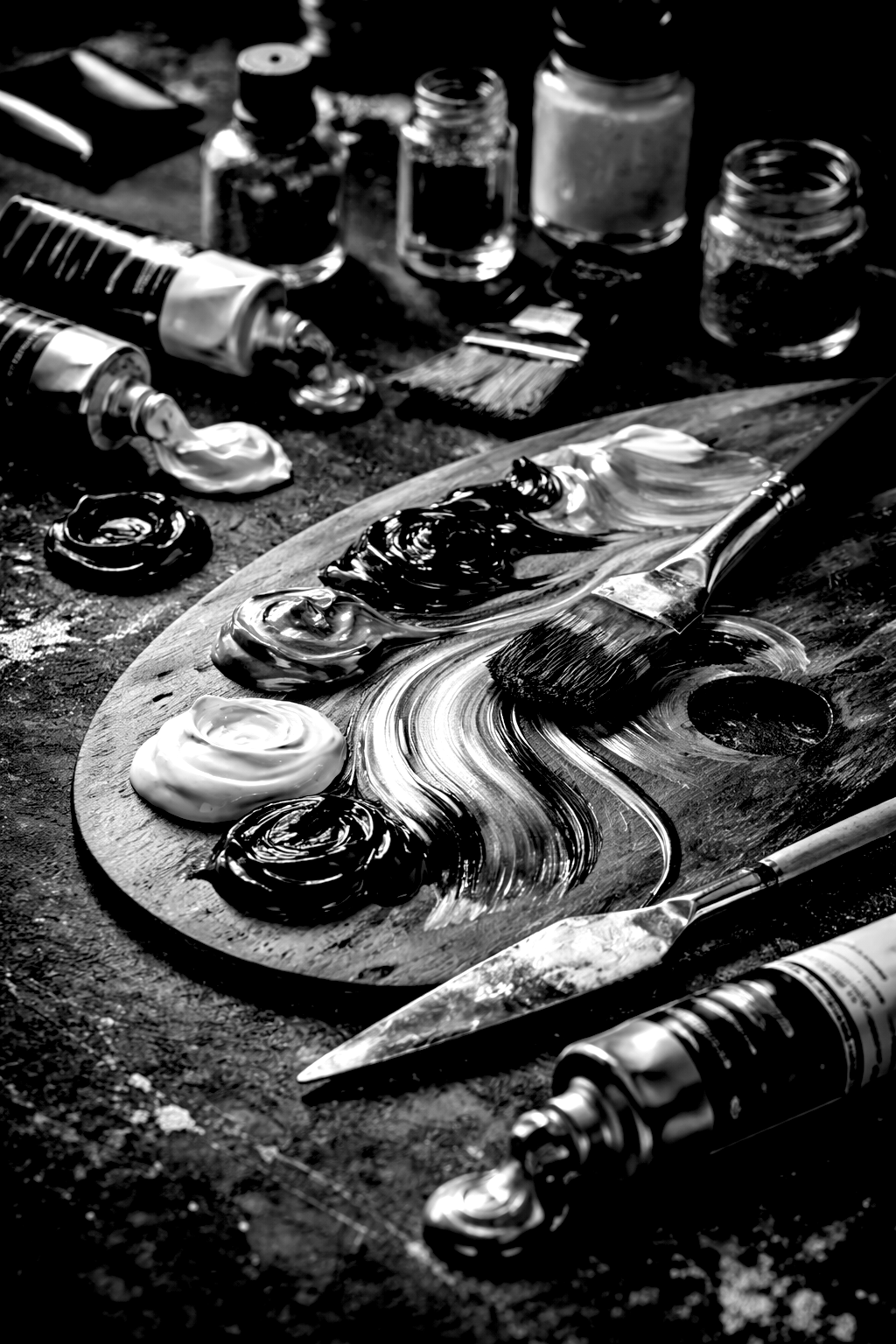 Black and white photo of an artist's palette with blobs of paint, oil paint tubes with tips squeezed out, and paintbrushes on a wooden surface.