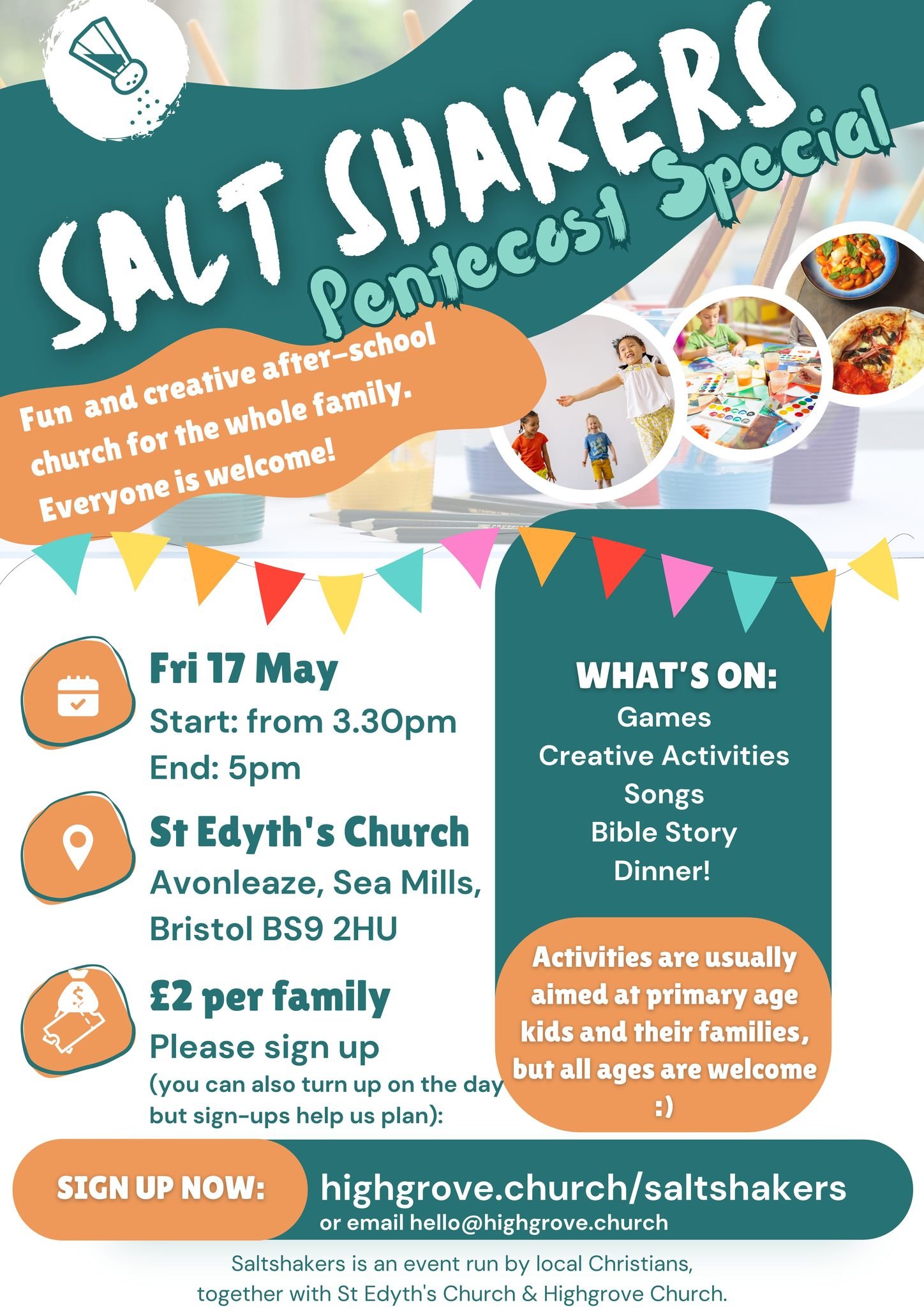 Saltshakers is on this Friday! Come along after school 3:30-5 for fun and games, craft and dinner included! Come join the party! You can book spaces for the children in your care at www.highgrove.church/saltshakers &pound;2 per family. Salt shakers e