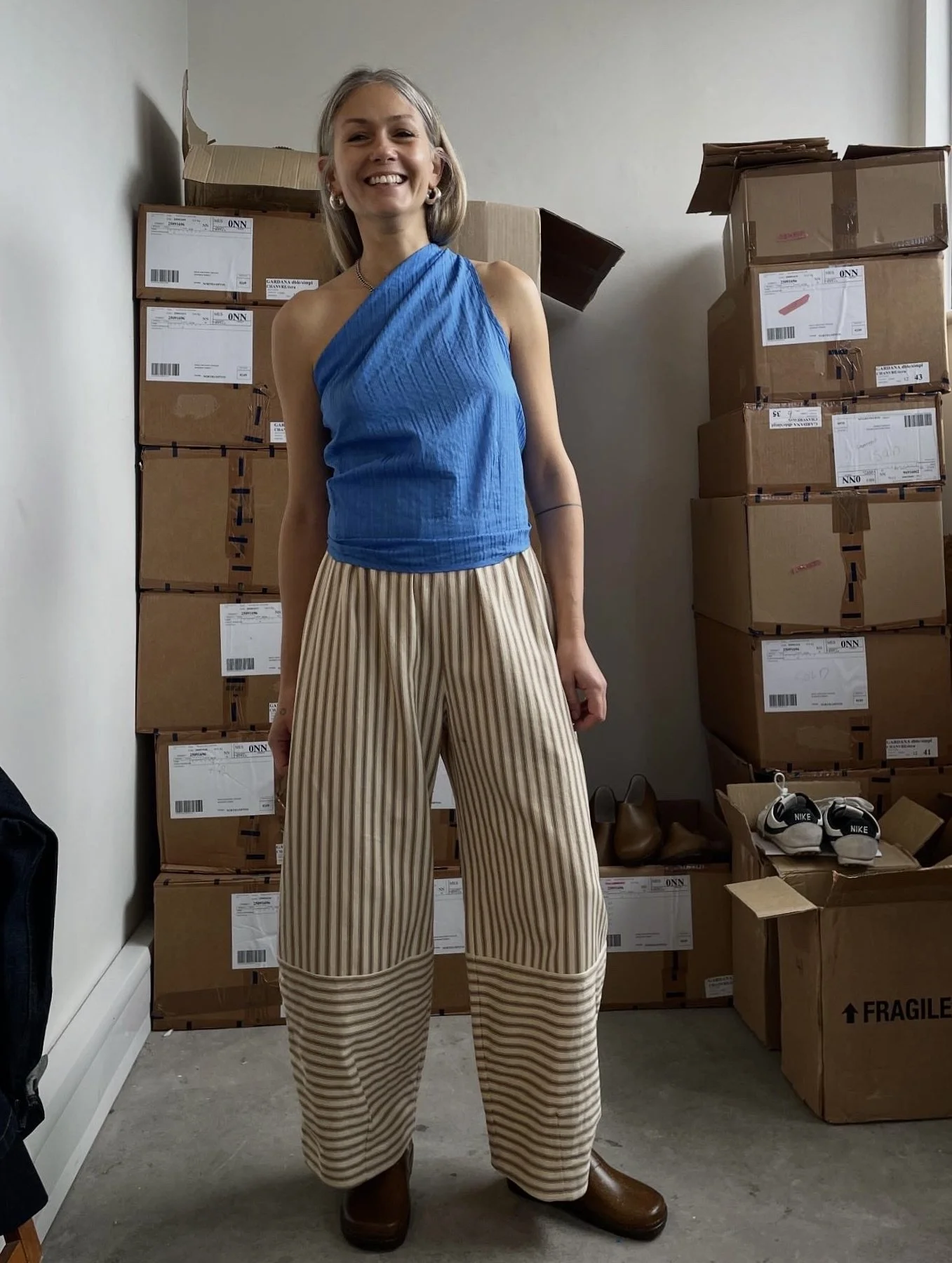 Made to order - Delly Top - Cobalt blue striped cotton shirting