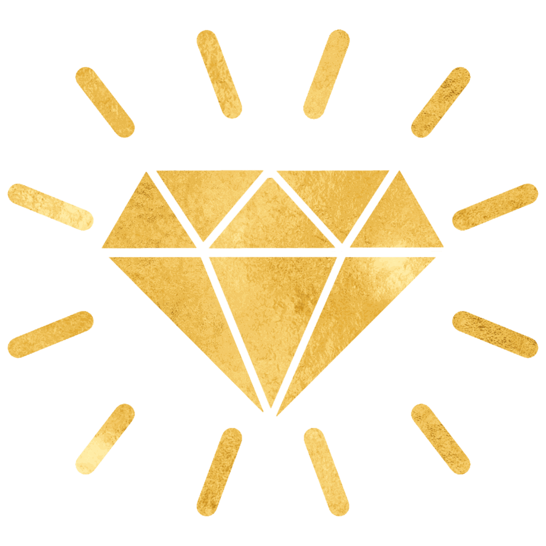 Gold foil diamond icon with short rays radiating around it, suggesting sparkle