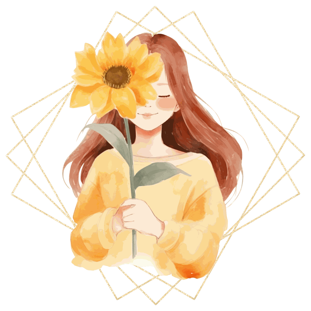 A girl with long brown hair holding a sunflower with both hands, her eyes closed, wearing a yellow shirt, surrounded by a decorative gold geometric frame.