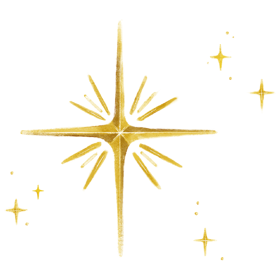 A large, gold, glowing star with smaller stars around it on a black background.