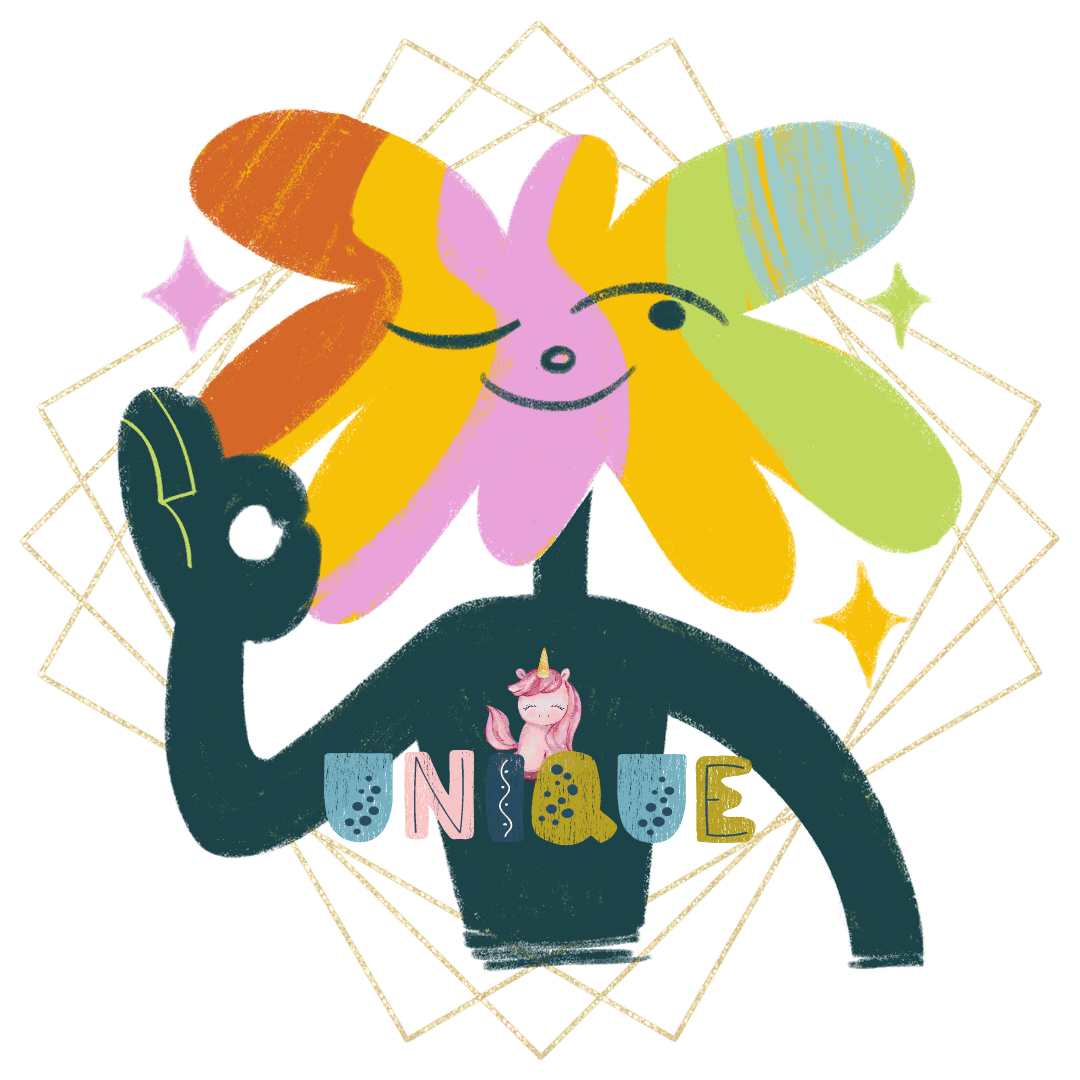 Colorful cartoon illustration featuring a unicorn with a pink mane inside a black circle, a smiling face with closed eyes, and a rainbow-colored background with the word 'UNIQUE' written in pastel block letters.