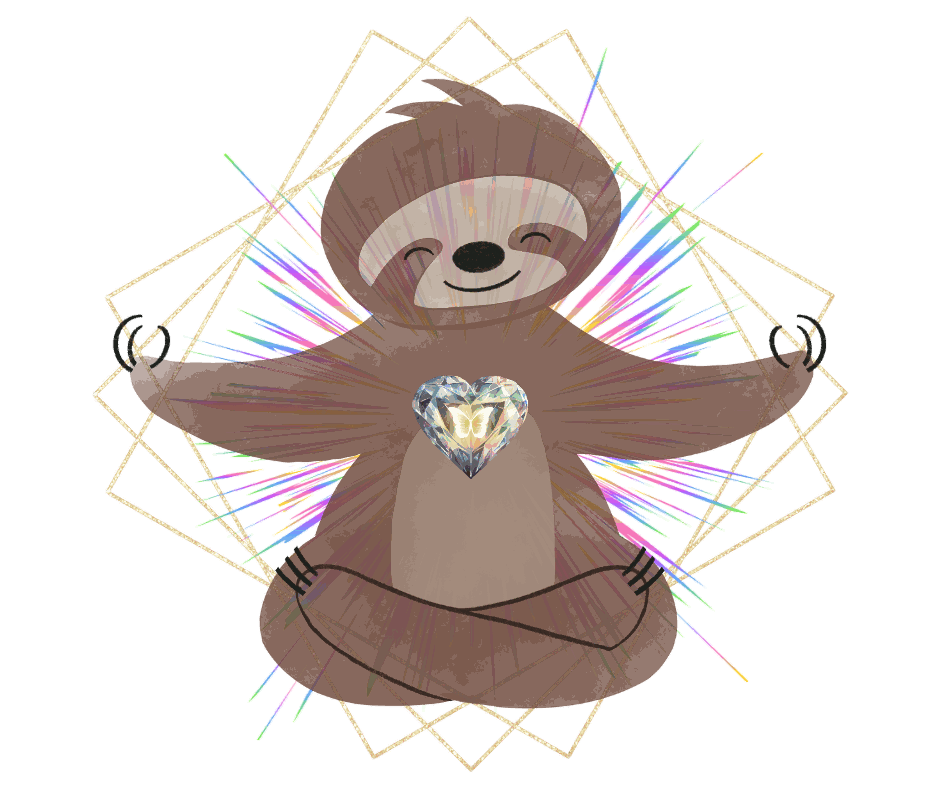 Illustrated sloth meditating cross-legged with arms outstretched, a glowing diamond heart on its chest, rainbow rays behind