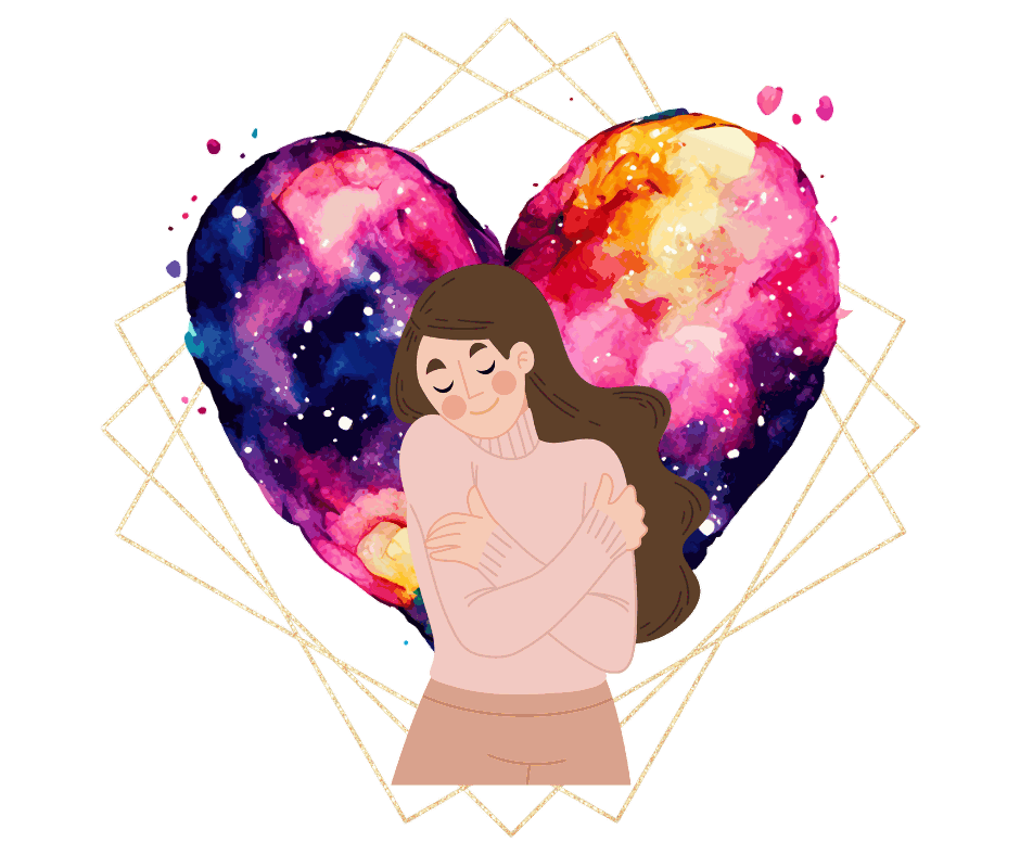 Illustrated woman with long brown hair hugging herself, eyes closed, in front of a galaxy-colored heart and gold geometric lines