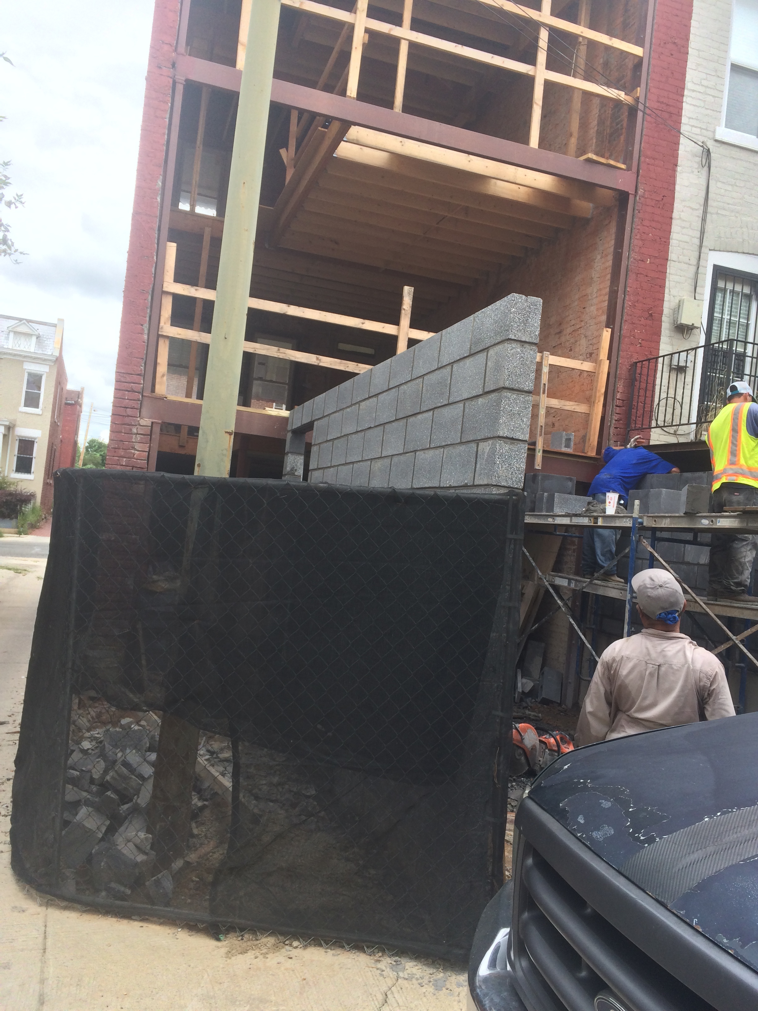 View of the masonry walls under construction