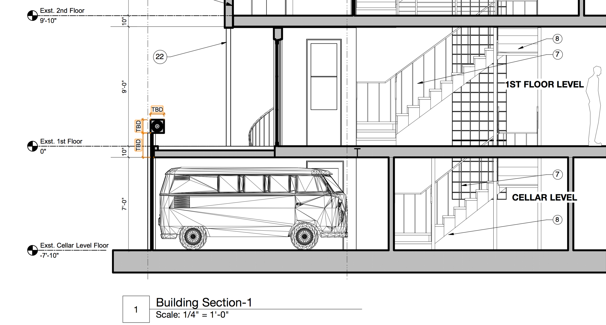 Section drawing through garage showing step-down in floor above garage and custom roll-up door at garage opening