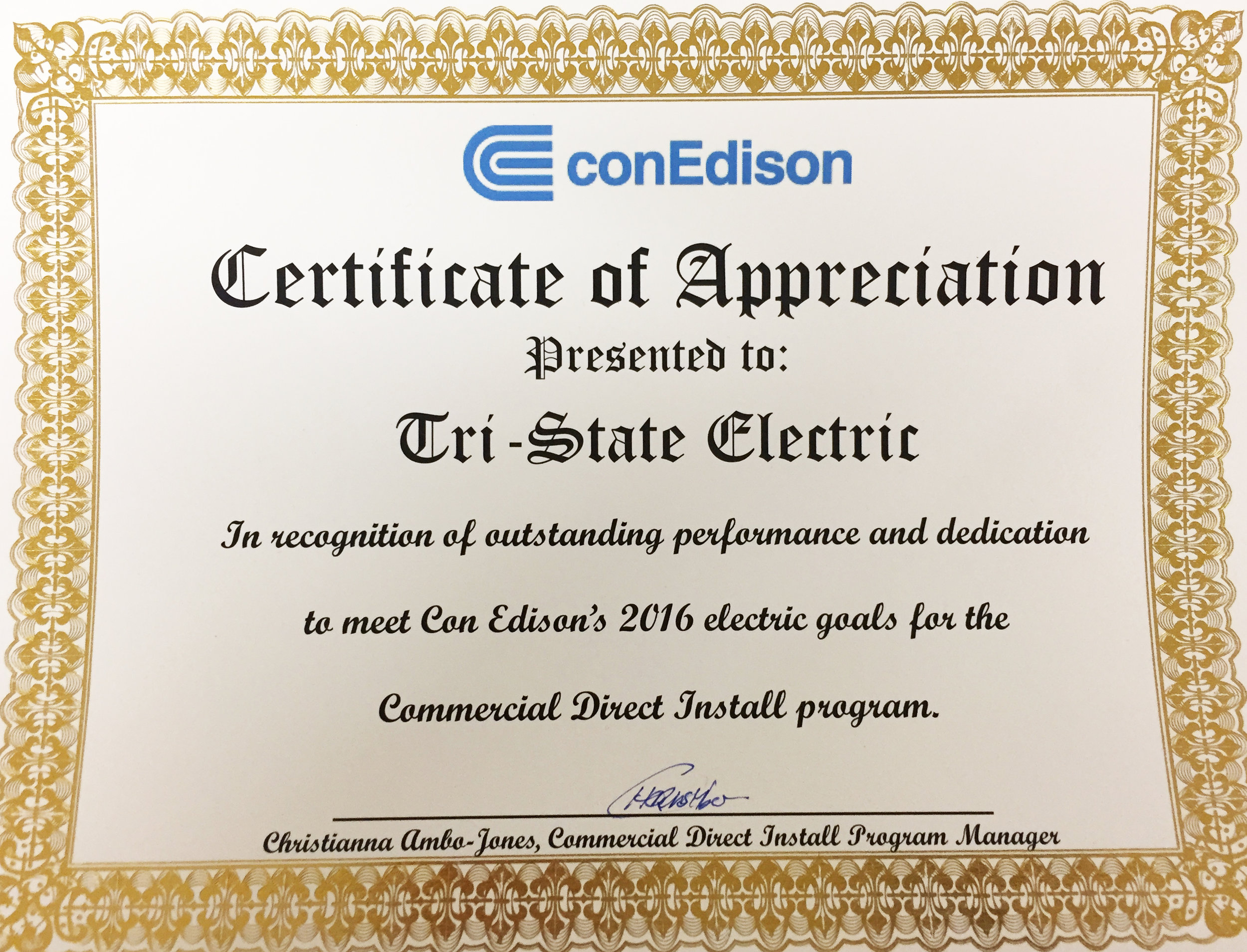 Con Edison Commercial Direct Install Program 2016 Award Winner