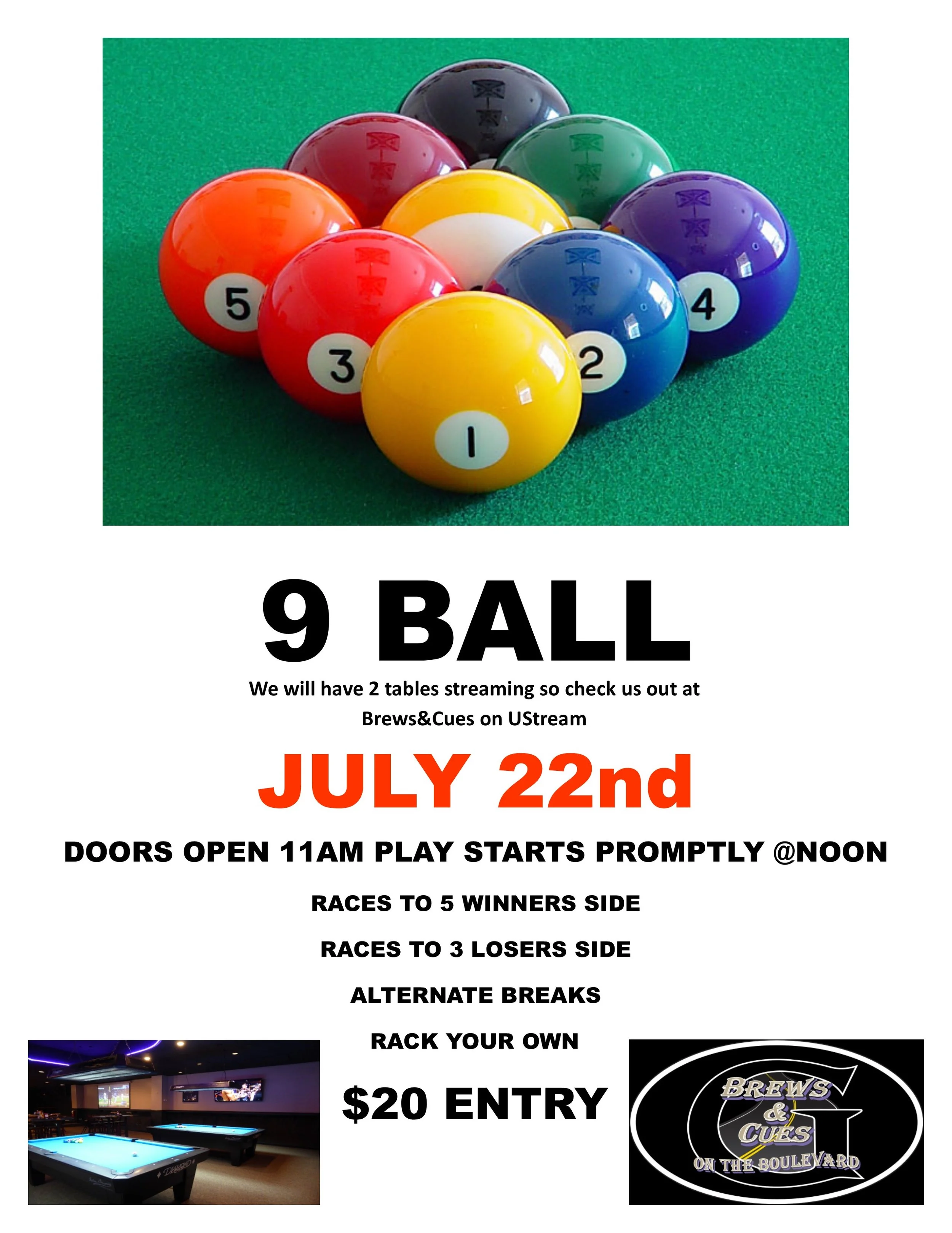 Monthly 9 ball tournament July 22nd