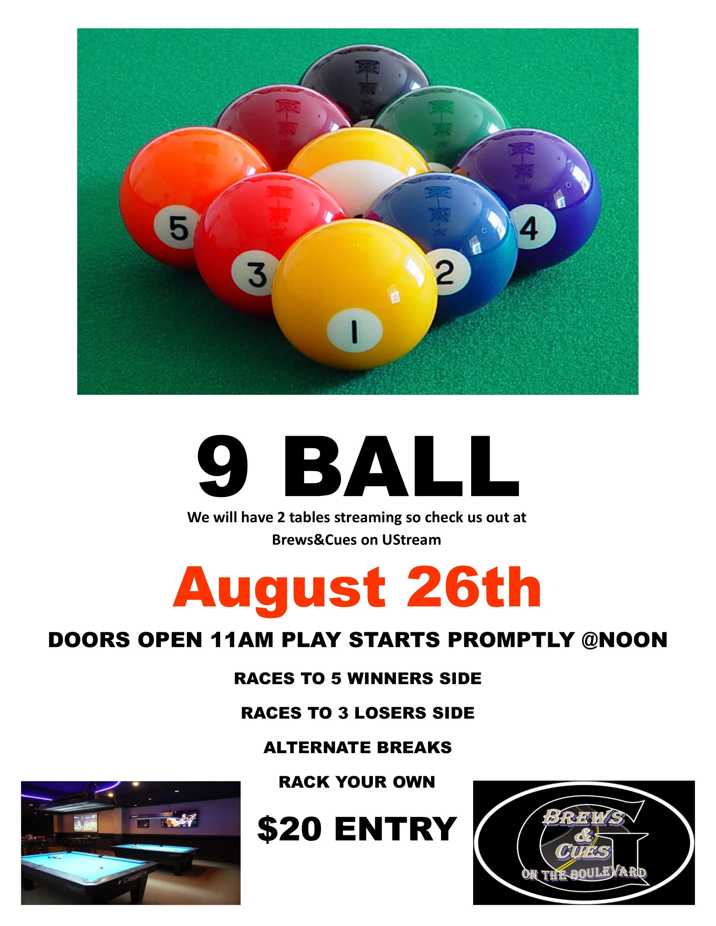 Monthly 9 ball tournament August 26th