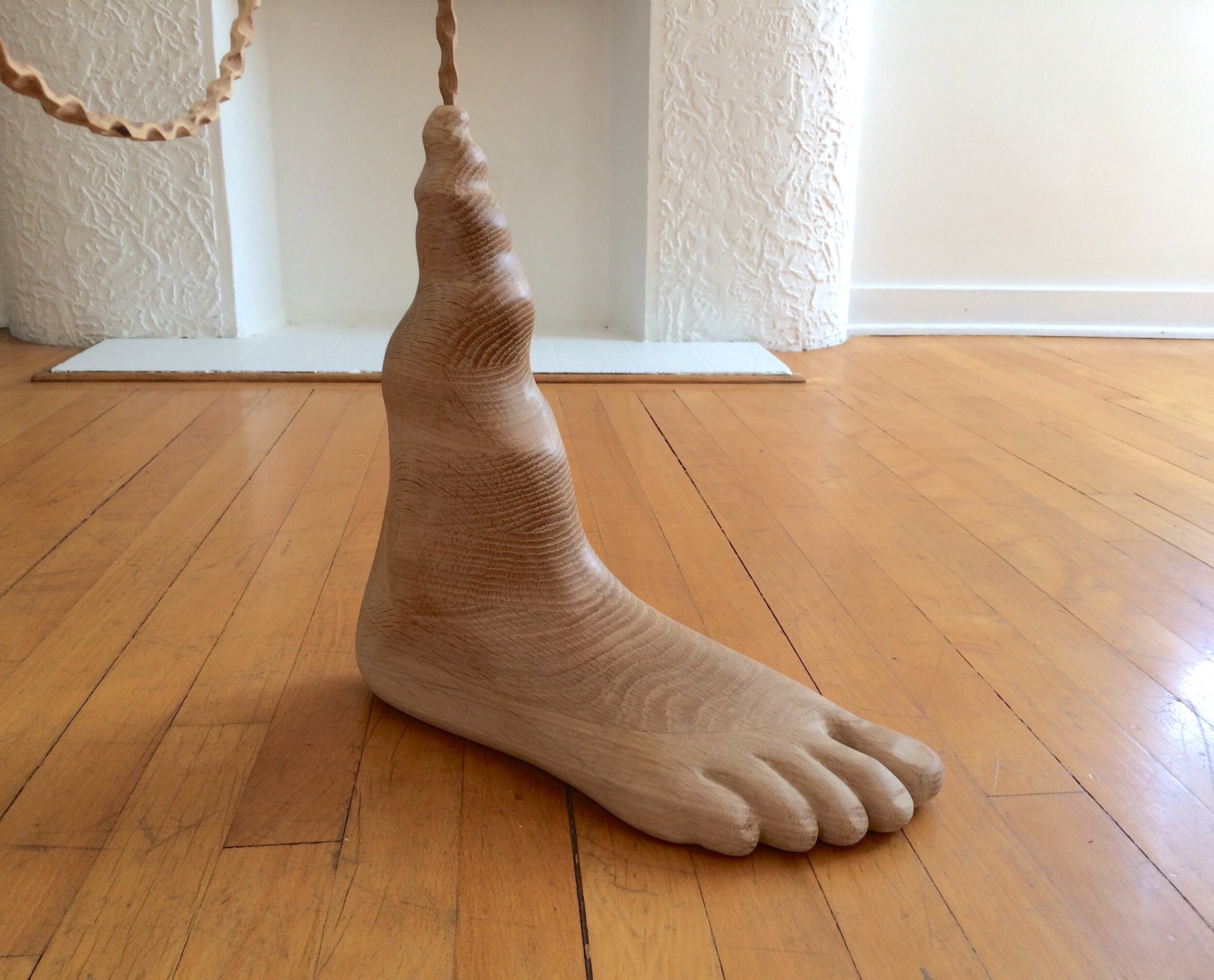   The Leash of Love  (foot: 14” x 6” x 14”, root: 38” x 27” x 8”, rope: dimensions variable) white oak 2021. 