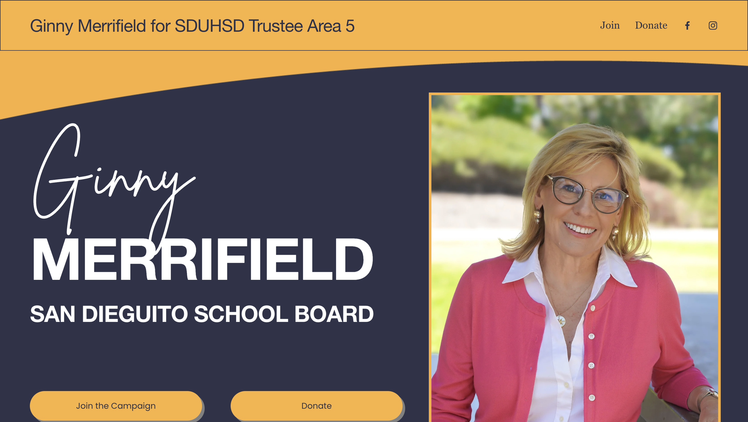 Website banner featuring a woman with blonde hair and glasses, smiling outdoors, wearing a pink cardigan and white shirt, promoting Ginny Merrifield's campaign for SDUHSD Trustee Area 5 with options to join or donate.
