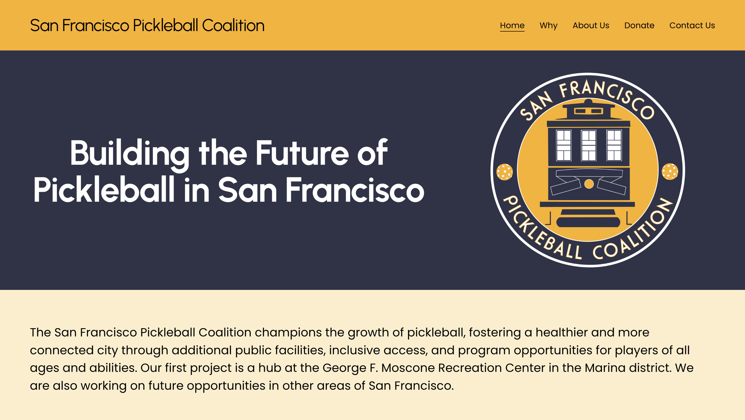 Screenshot of the San Francisco Pickleball Coalition website homepage featuring a logo with a stylized building and pickleball paddles, a navigation menu, and text about building the future of pickleball in San Francisco.