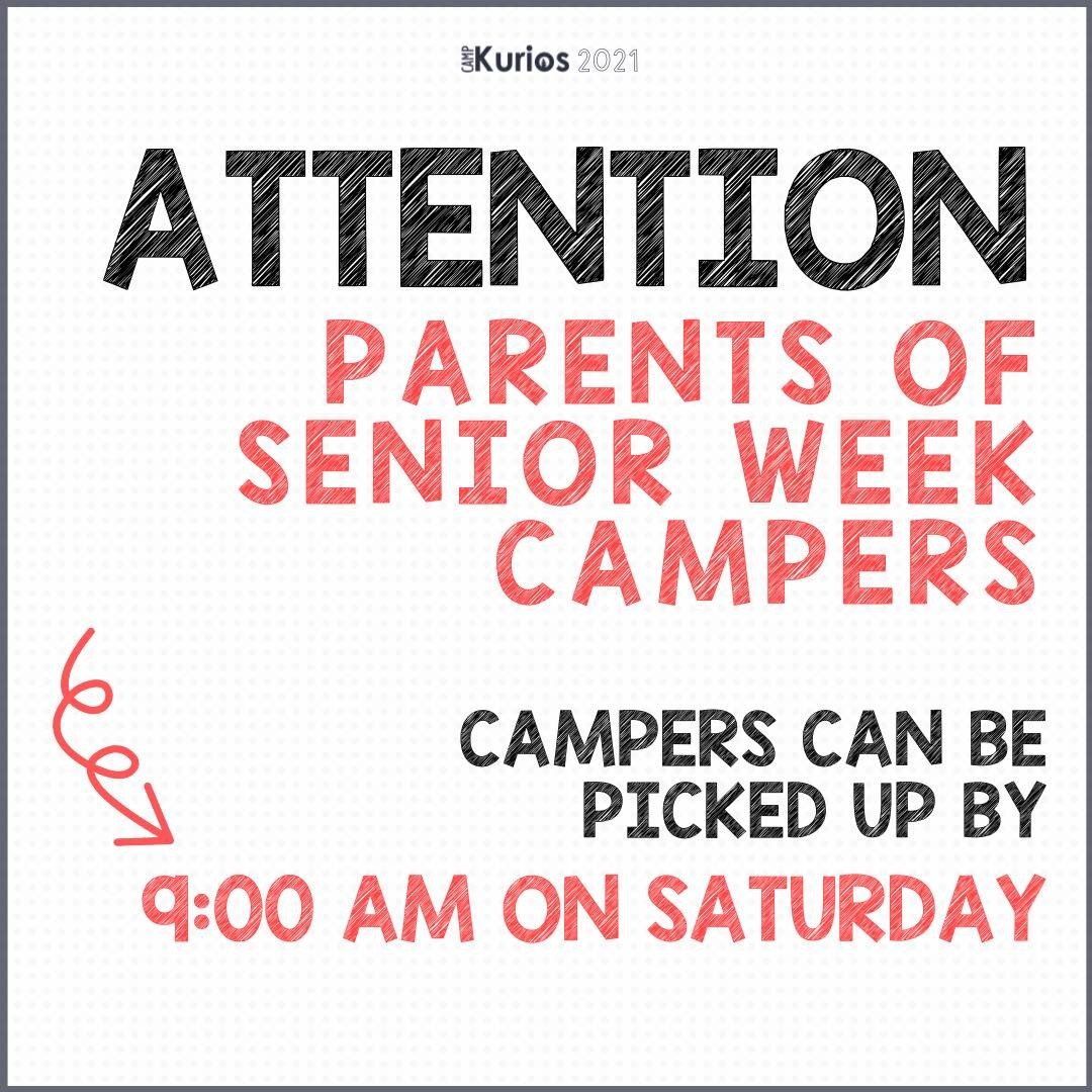 Parents of Sr Week campers: plan to pick your camper up by 9am tomorrow (Saturday). We&rsquo;ll feed them breakfast at 8:30 and no doubt they&rsquo;ll be ready for a nap when they get home! We&rsquo;ve loved spending time with your kids and sharing t