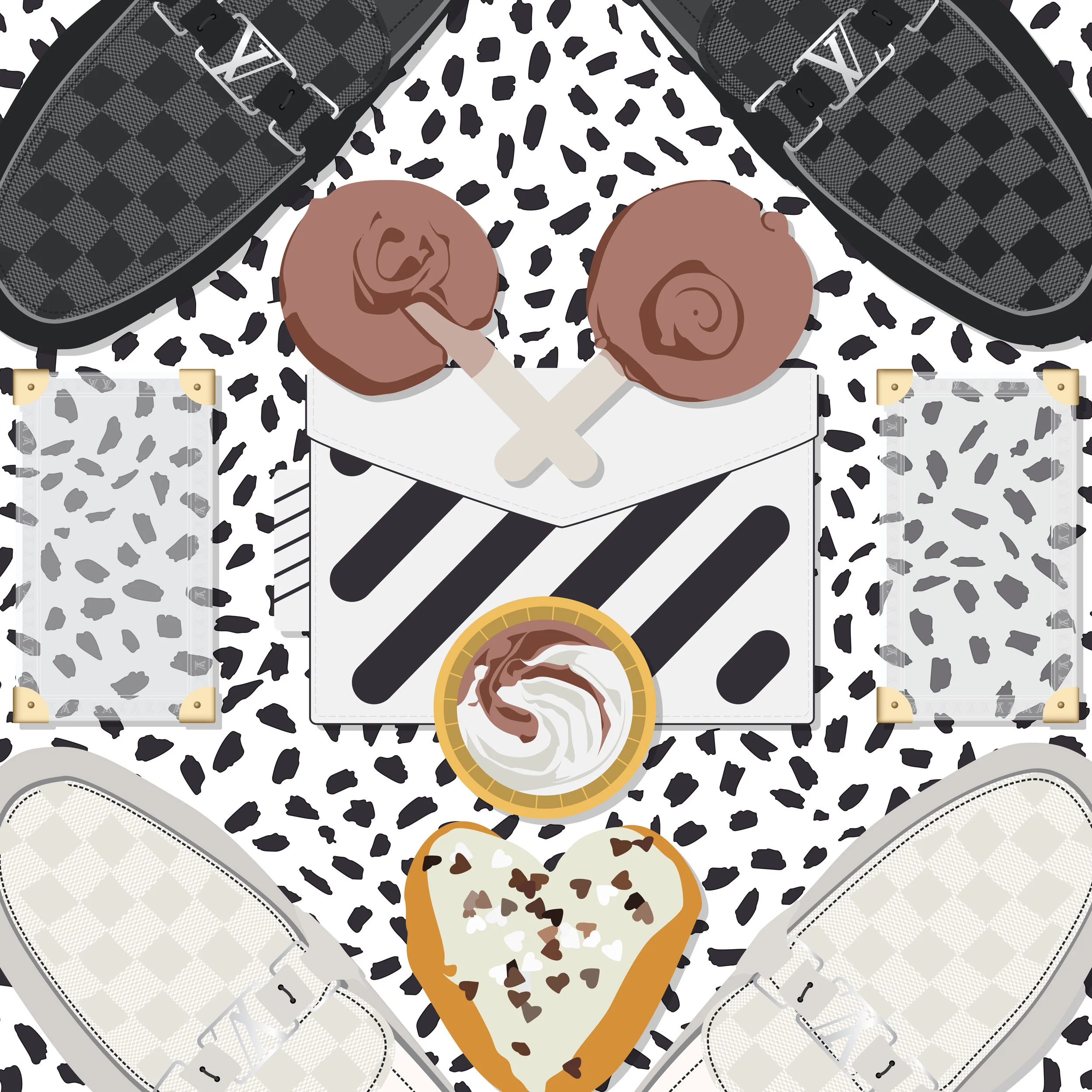 Left to right: Louis Vuitton Hockenheim Moccasin, Dairy Queen Dilly Bars, Louis Vuitton Passport Case, Off_White Clutch, Dairy Queen Cone, Louis Vuitton Hockenheim, Dunkin Donut Boston Cream