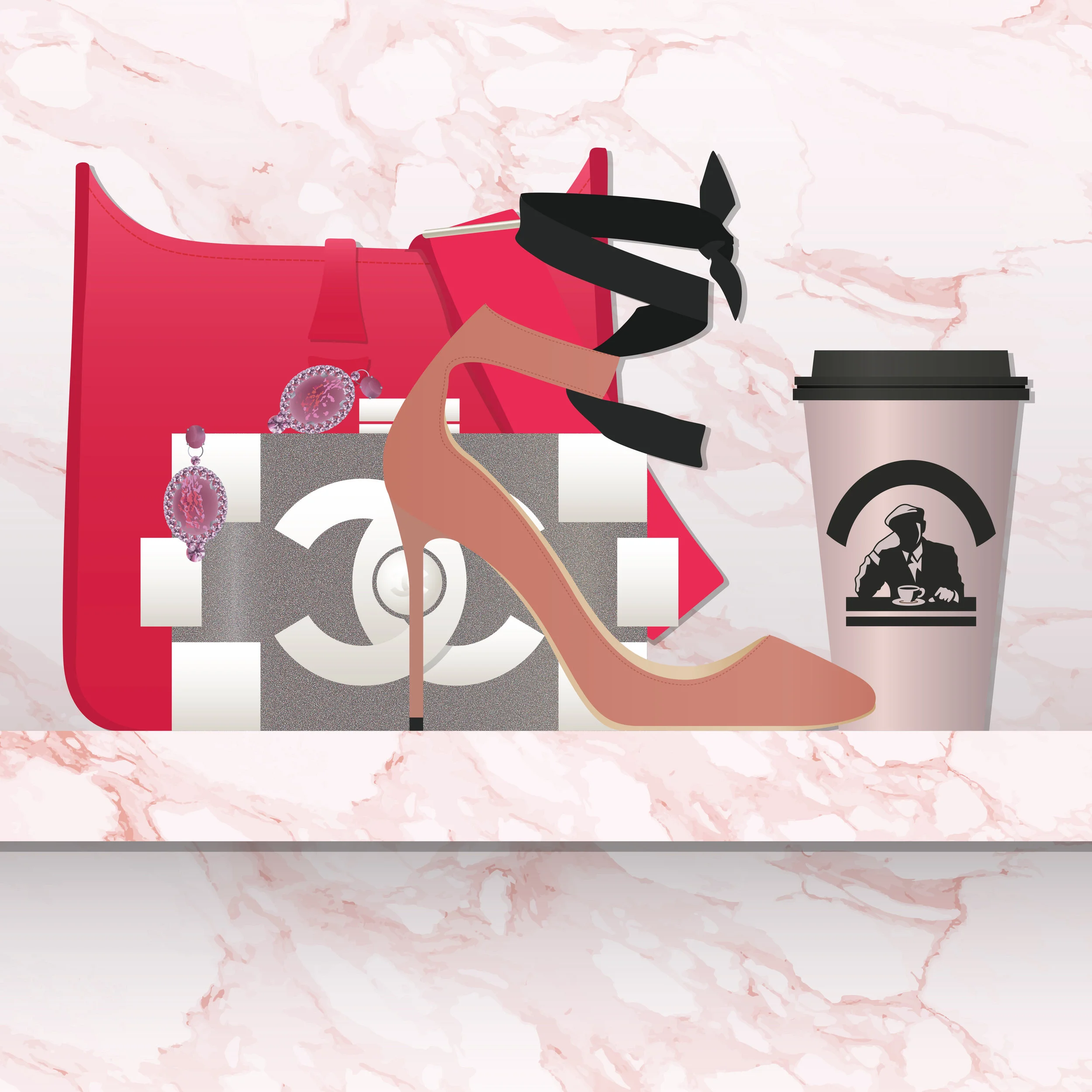 Left to right: Hermes Rouge Pivoine Clemence Leather Evelyne PM I Bag, Thorin Pink Marble Earring, Chanel Lego Clutch, Jimmy Choo Pink Rosana Velvet and Leather Ankle-Tie Pumps, Joe & The Juice Cup