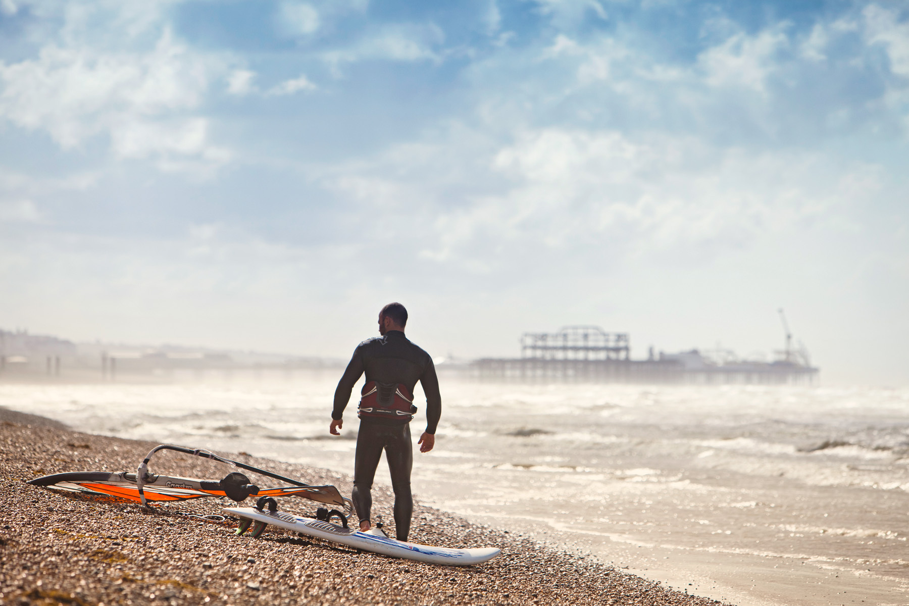 Windsurfer on the beach, Brighton & Hove, England