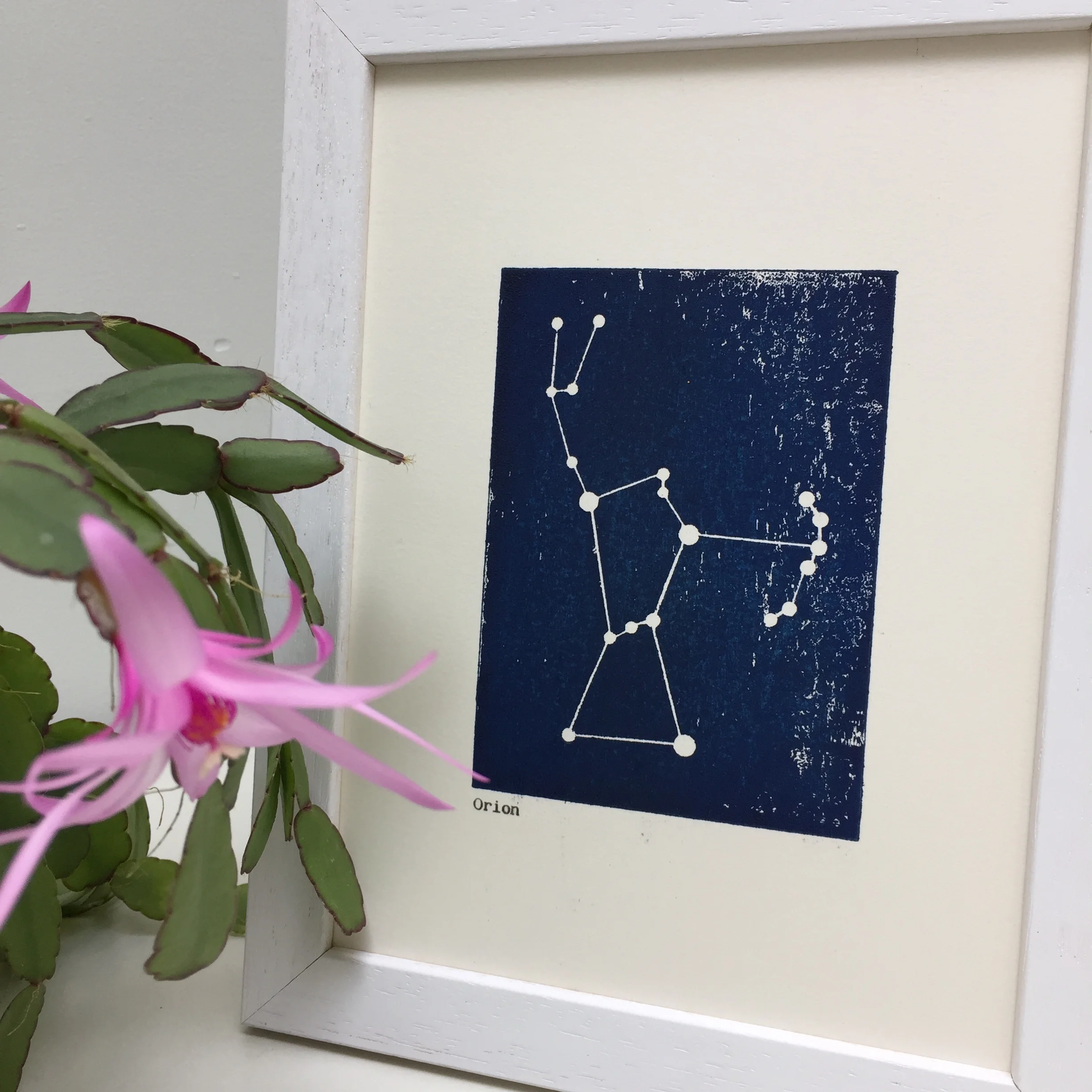 Orion cnstellation woodblock print white solid wood frame
