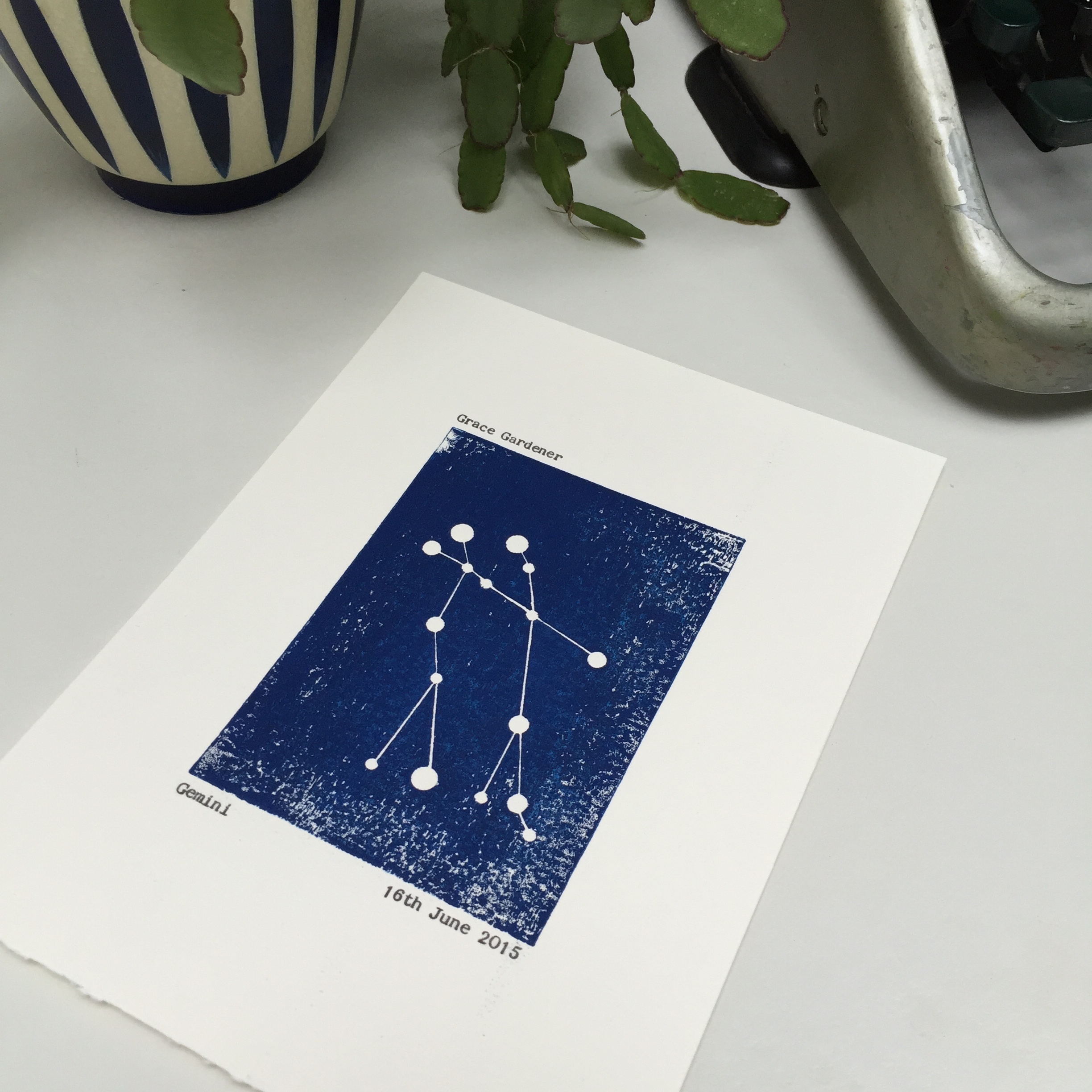 Personalised Gemini Constellation woodblock print unframed