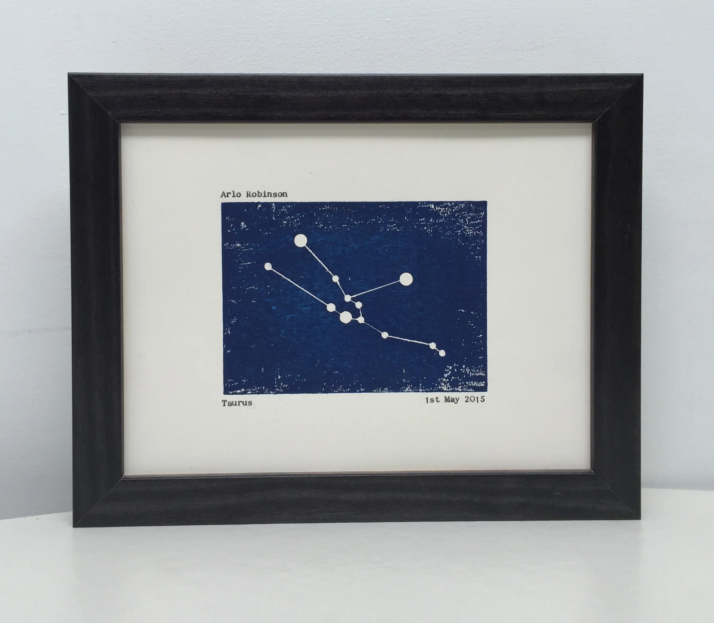 Taurus constellation woodblock print personalised in black solid wood frame