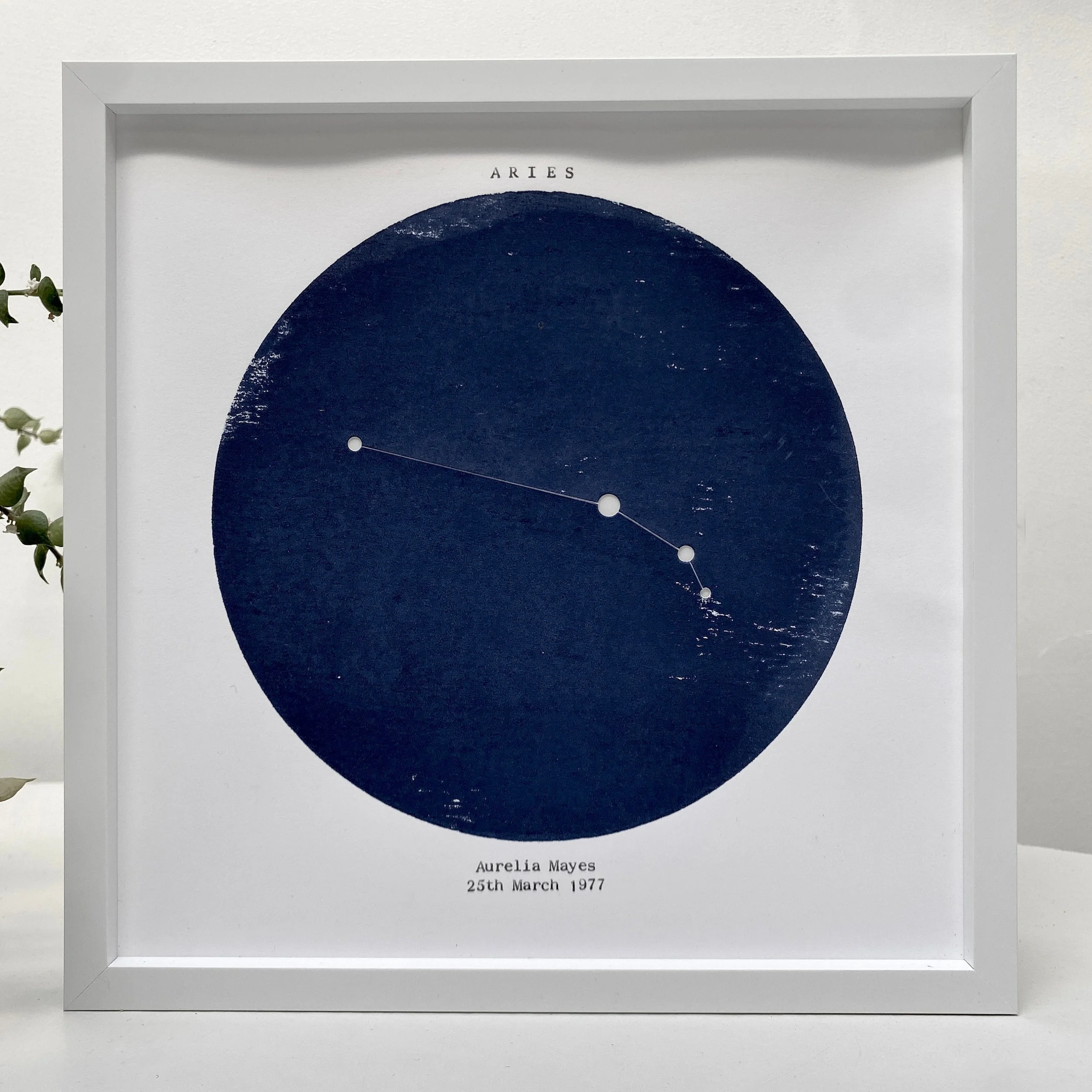 Aries star sign light box unlit white frame close up