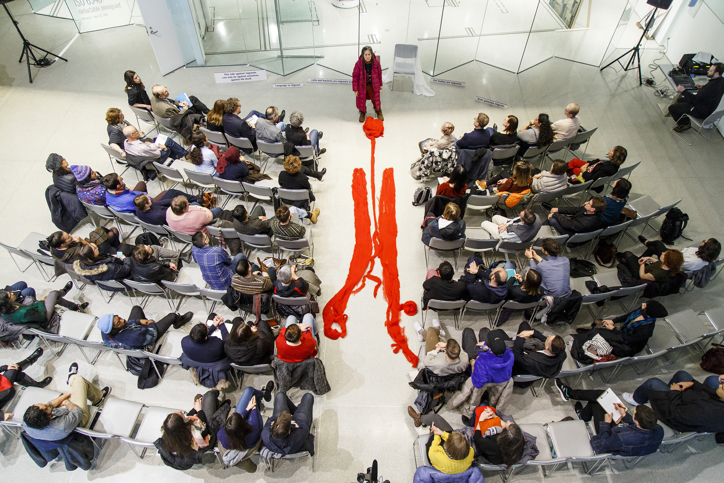  Cecilia Vicuña,  Language is migrant… , performance, Spertus Institute, Chicago, 2018. Photo: Grace DuVal 