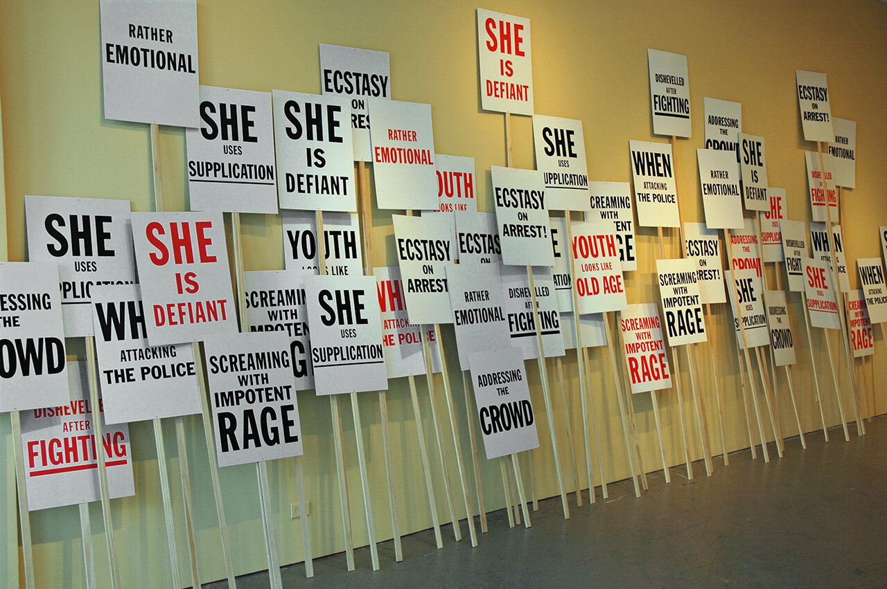  Public Address: installation view picket signs (Ecstasy on Arrest) 2008 