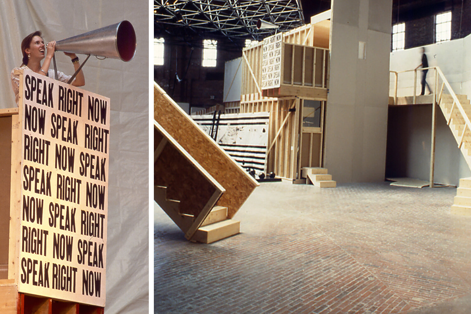   Marginal Way: Megaphone Balcony , installation view and detail 1991. Photo: B. T. Martin 