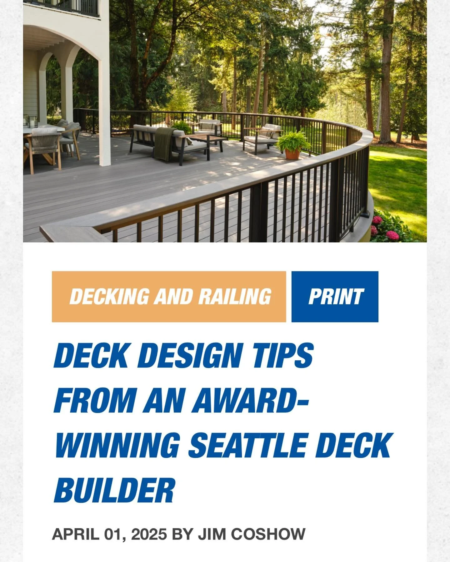 This was a fun interview(link below). Very thankful to be partnered with Dunn Lumber. 
-
https://solutions.dunnlumber.com/projects/deck-design-tips-from-an-award-winning-seattle-deck-builder