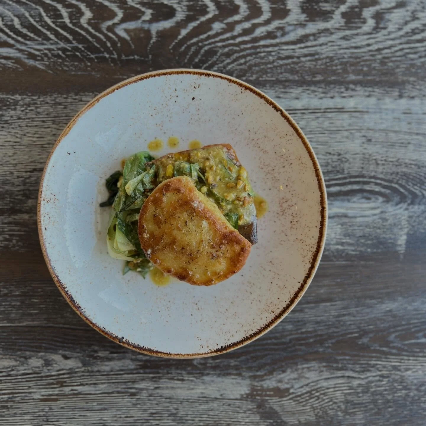 New dish! Arctic Char, green curry pierogi, bok choy, pistachio pesto