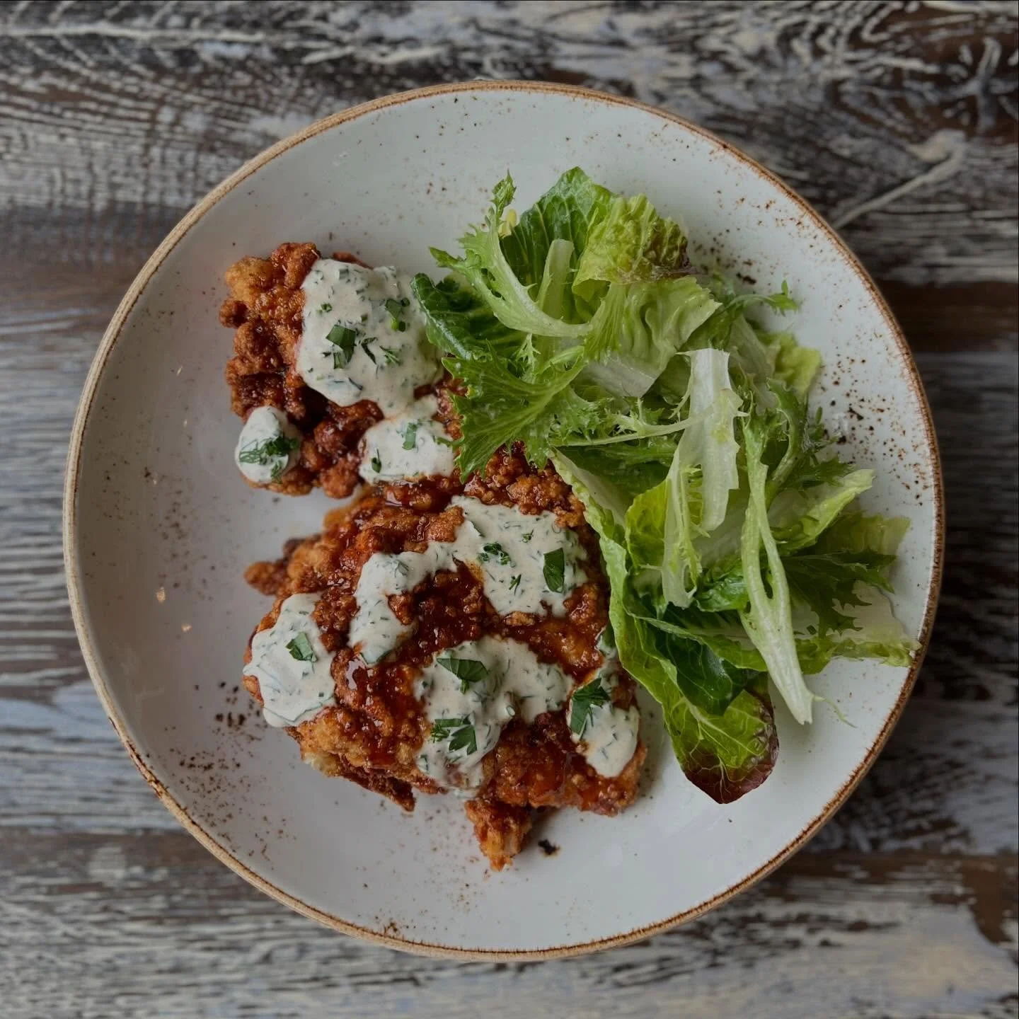 New twist on an old favorite! Yardley Hot Chicken, cherry pepper caramel, yuzu ranch, baby greens 🍗🔥 #friedchicken #yardleypa #spicy