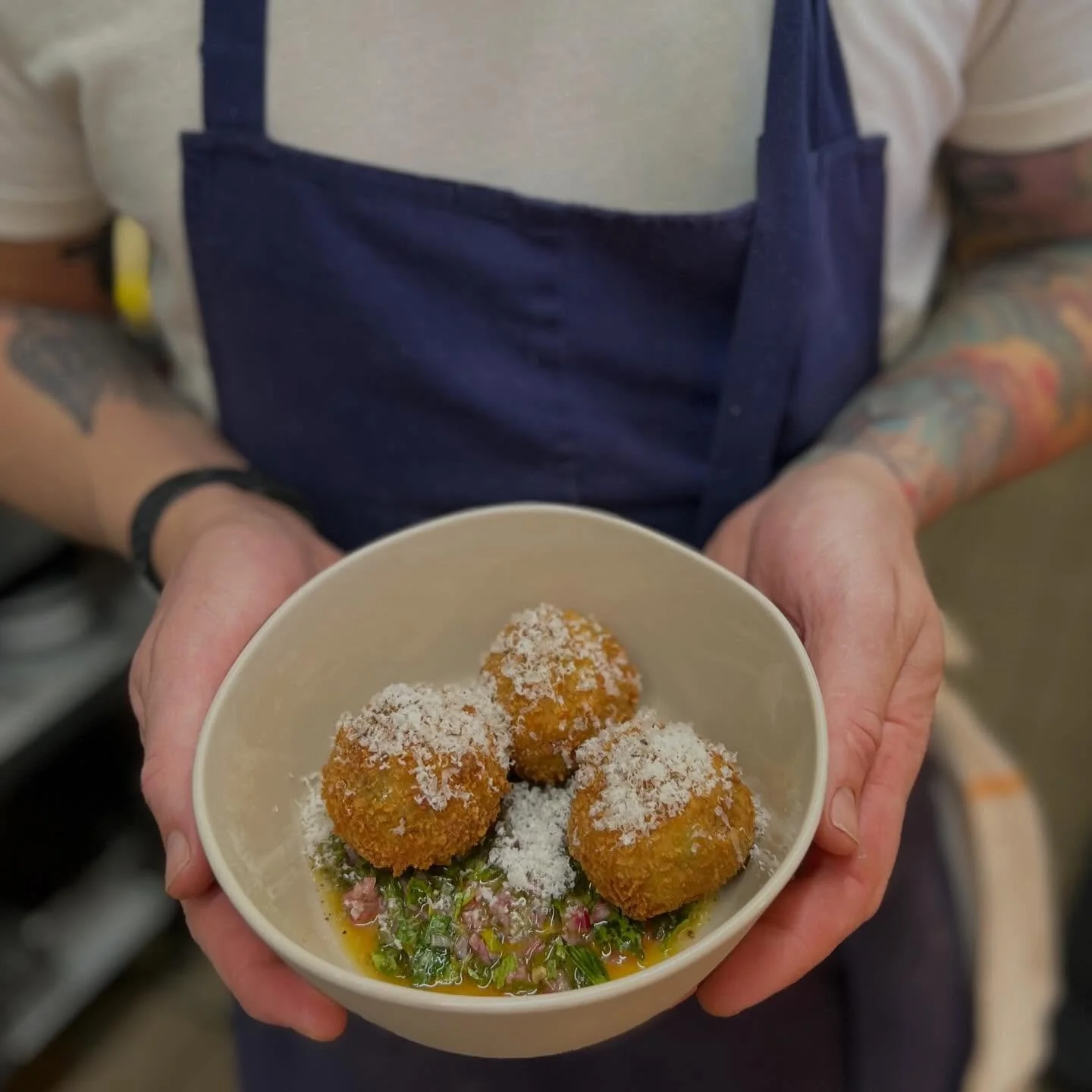 Farro Arancini, grilled asparagus, prosciutto, mint &amp; ramp top salsa verde #newdish #starters #dinner