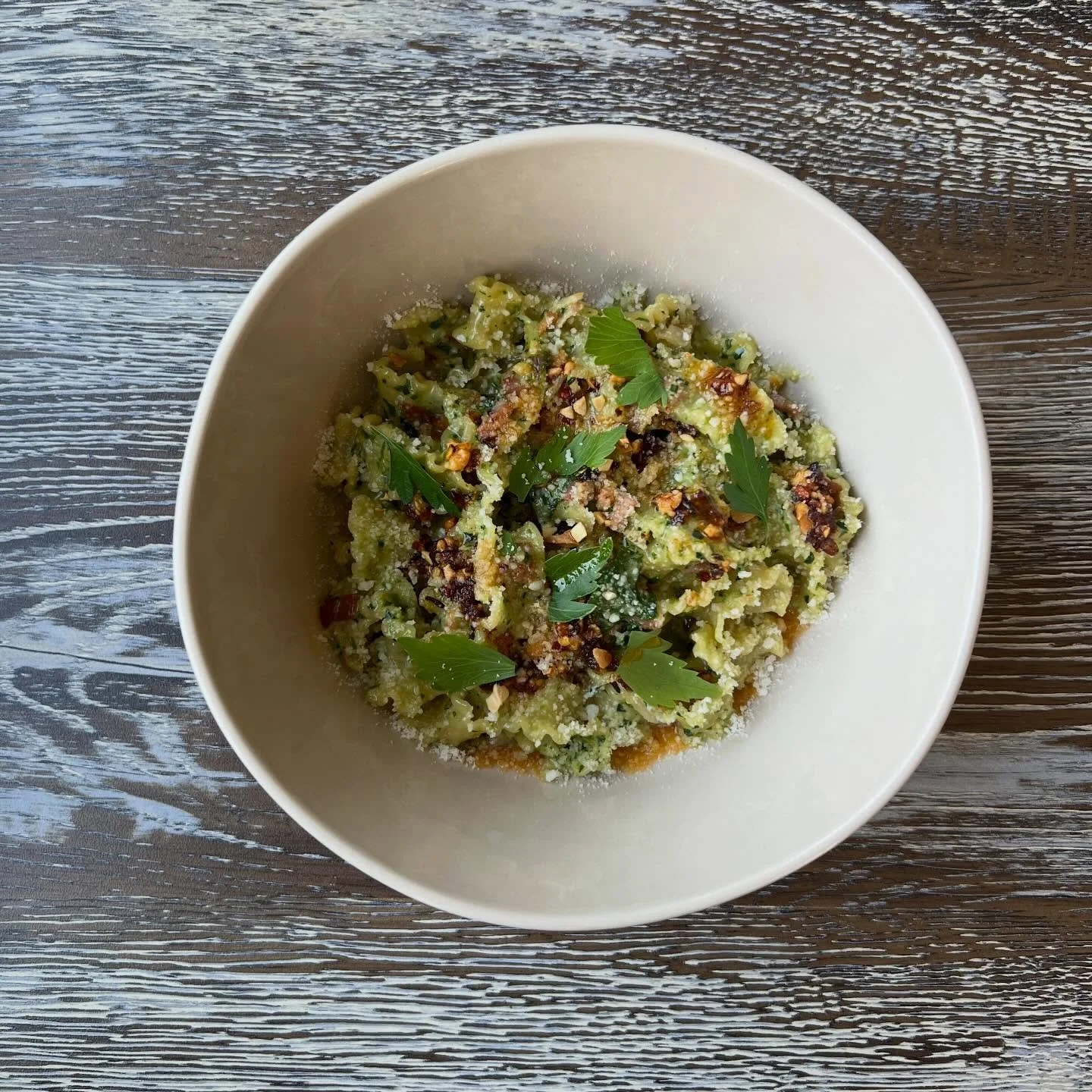 Pasta special tonight! Lemon-Pepper Mafalde, peanut pesto, prosciutto, chili crisp