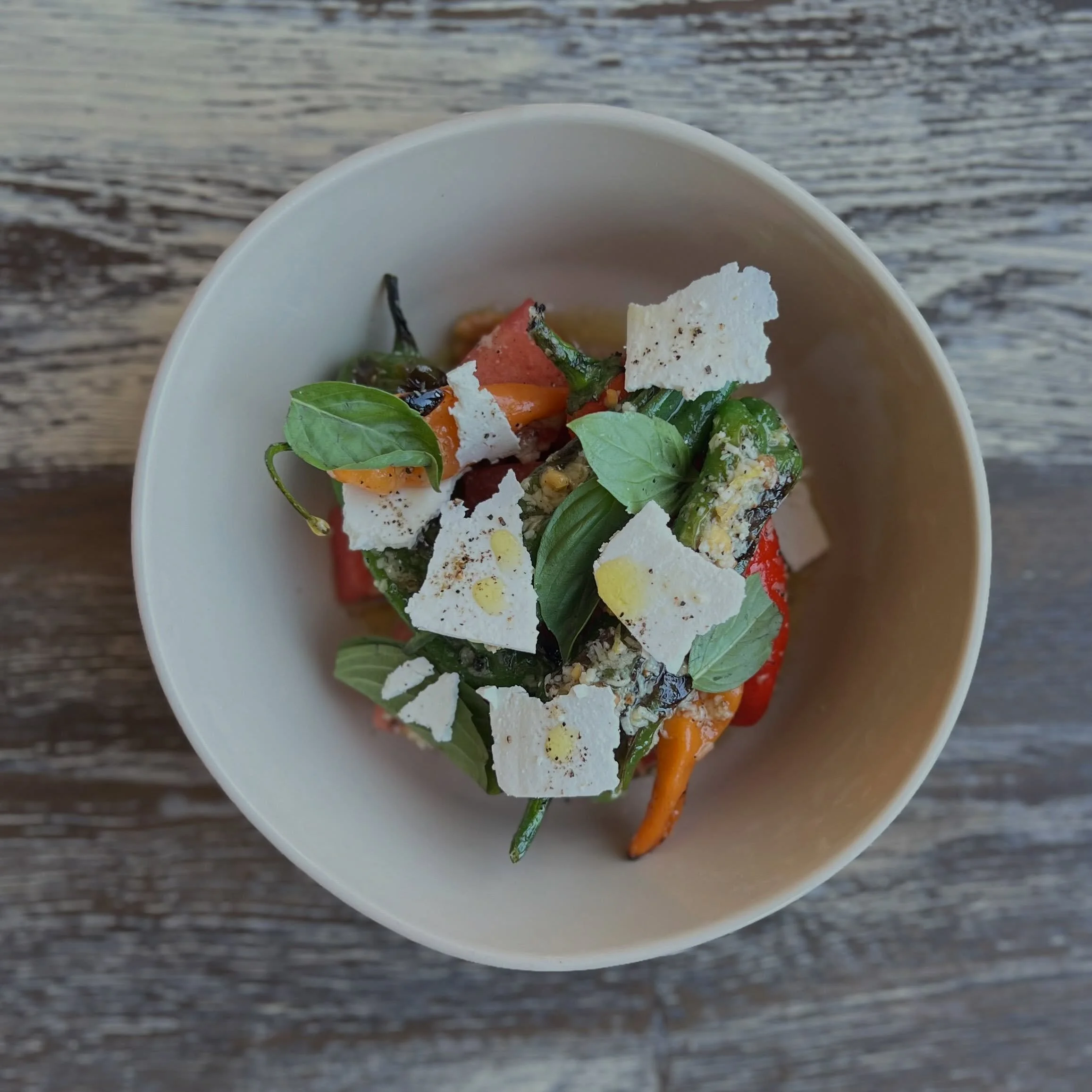 Roasted Pepper &amp; Watermelon Salad, marcona almonds, lime, ricotta salata #nardellopeppers #habanada #poblano #newdishalert