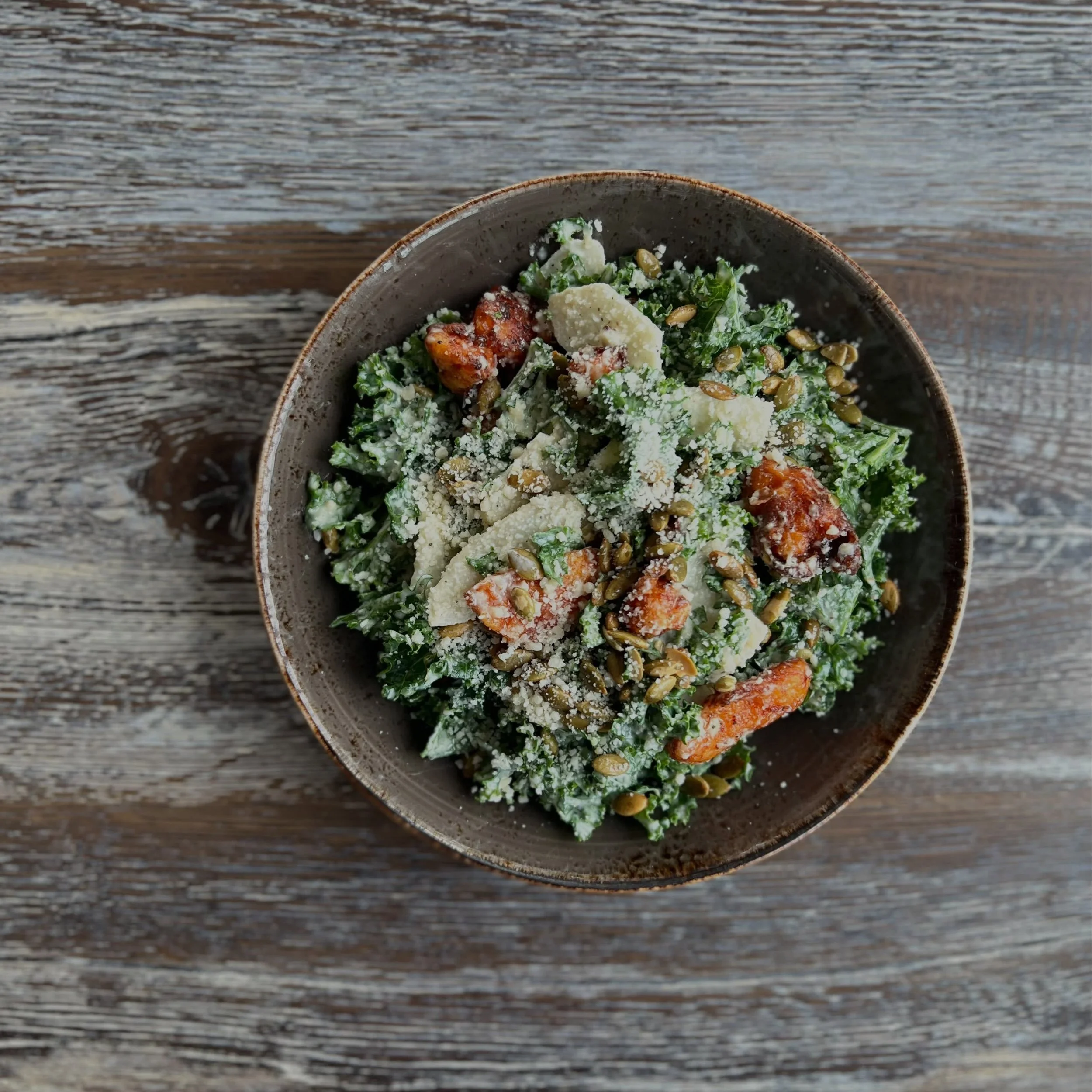 Kale Caesar, crispy sweet potatoes, asian pear, pumpkin seed, smoked parmesan #dinner #fallvibes #newdish