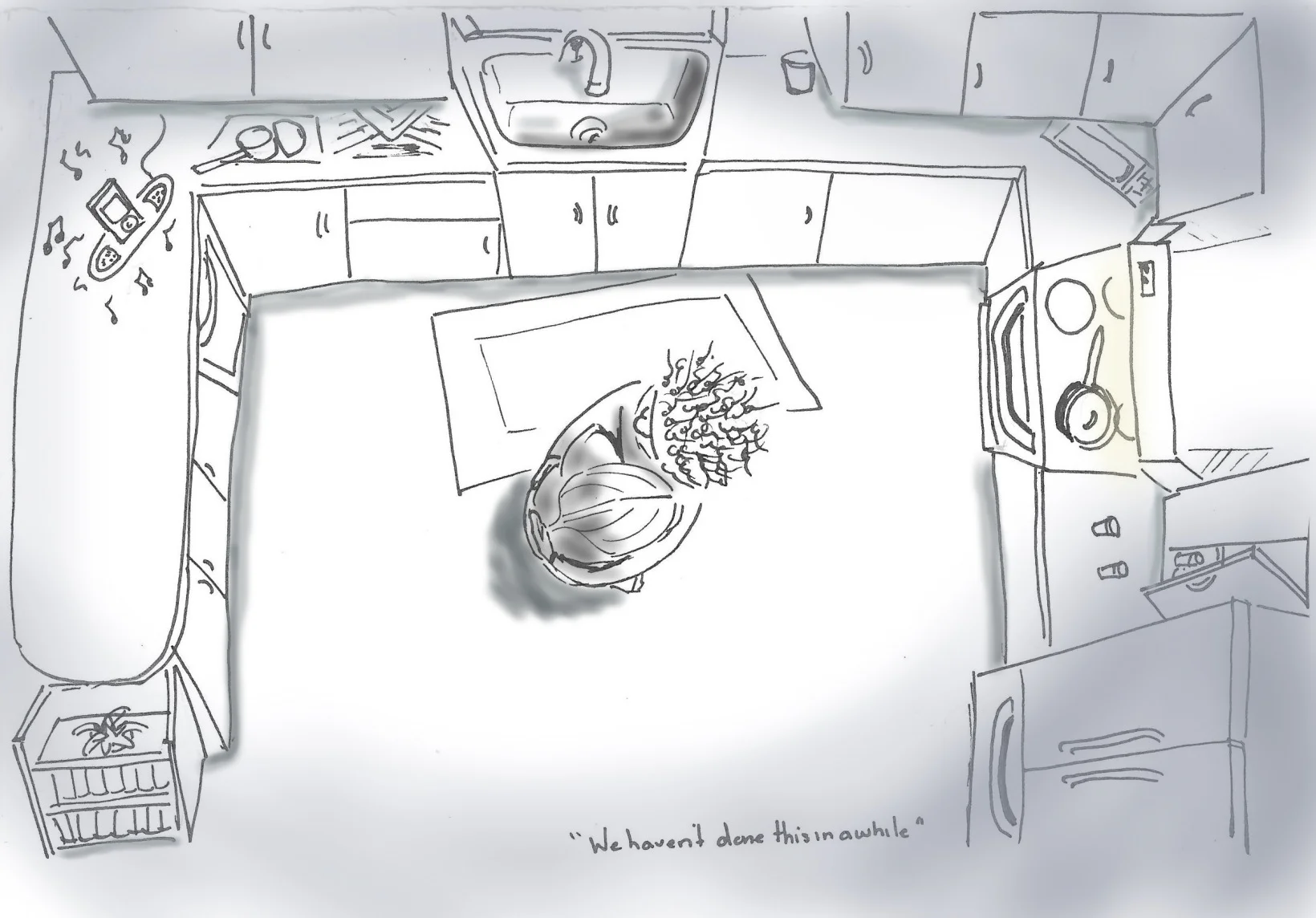 Illustration by Kate T. , who writes: "Our favorite song came on the radio. We haven’t danced in the kitchen in a long time..."