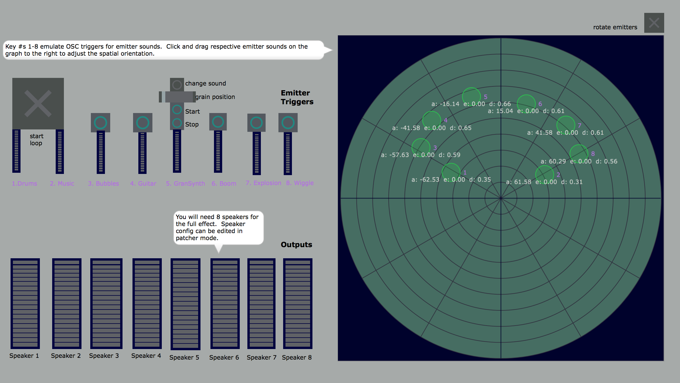 Monitor screen for Max audio environment of spacial encoding/decoding and OSC triggers from Unity